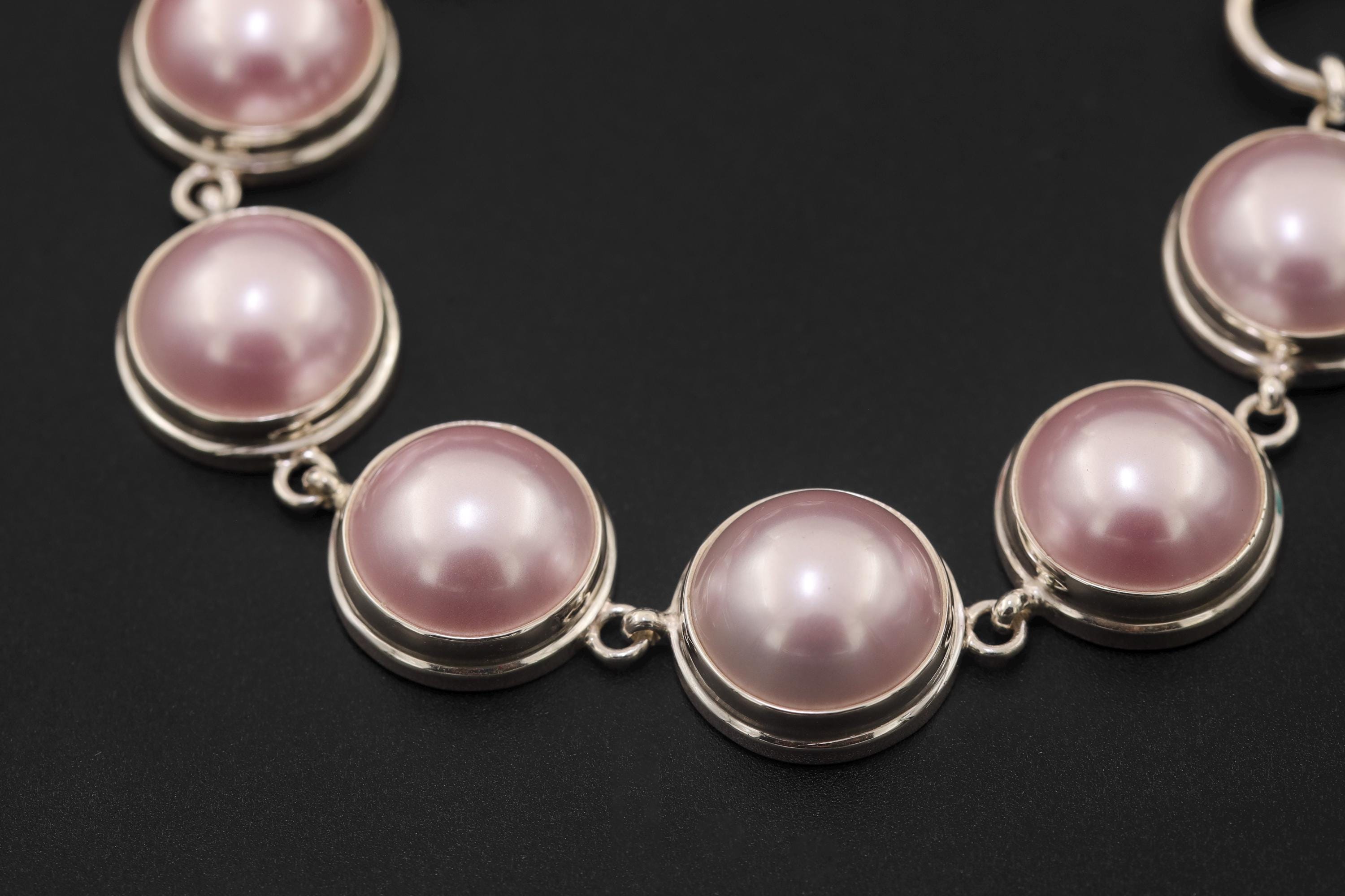 Pink Mabe Pearl Sterling Silver Bracelet, High Shine Toggle Clasp, Ocean Pearl Jewelry