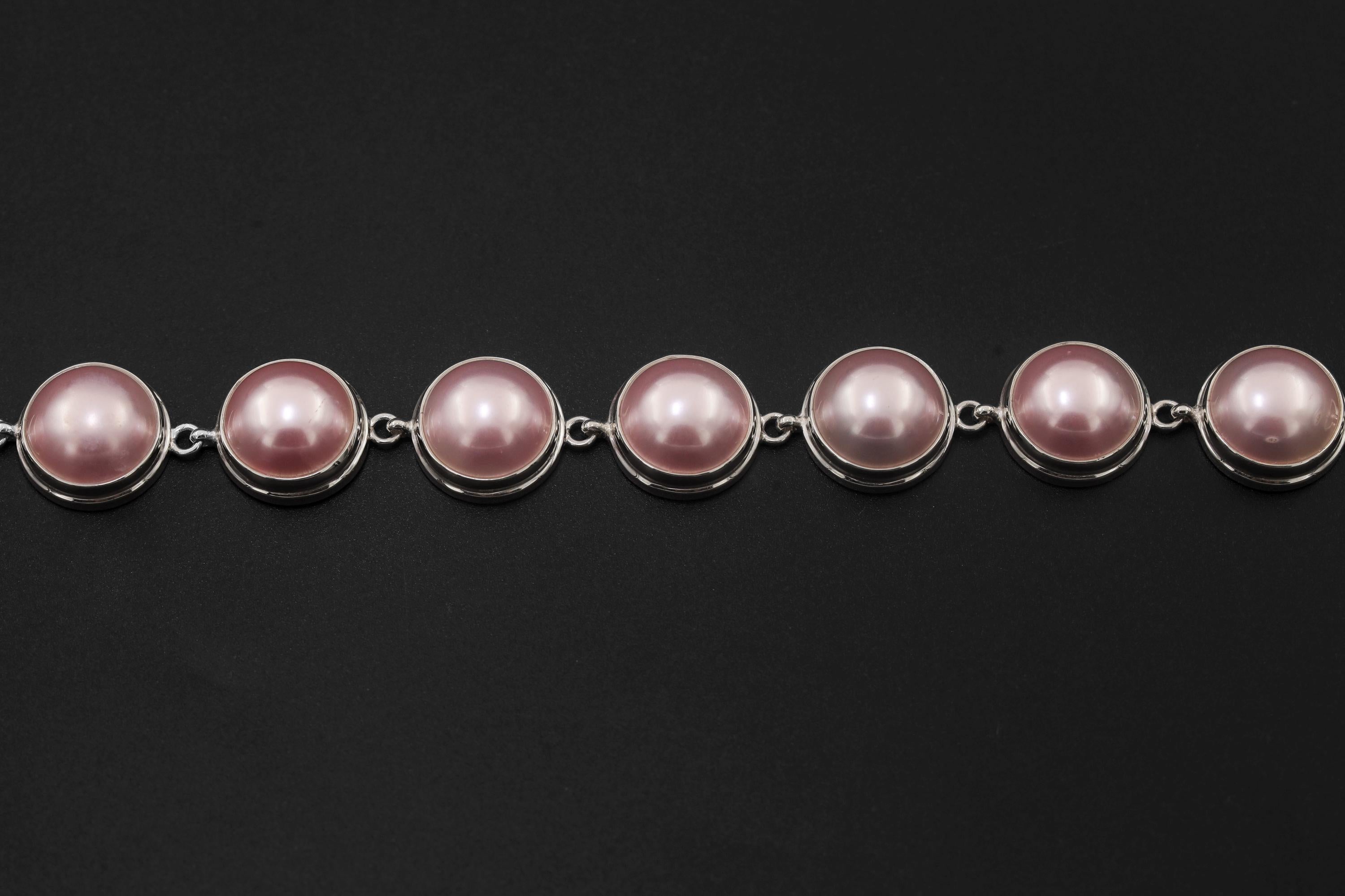 Pink Mabe Pearl Sterling Silver Bracelet, High Shine Toggle Clasp, Ocean Pearl Jewelry