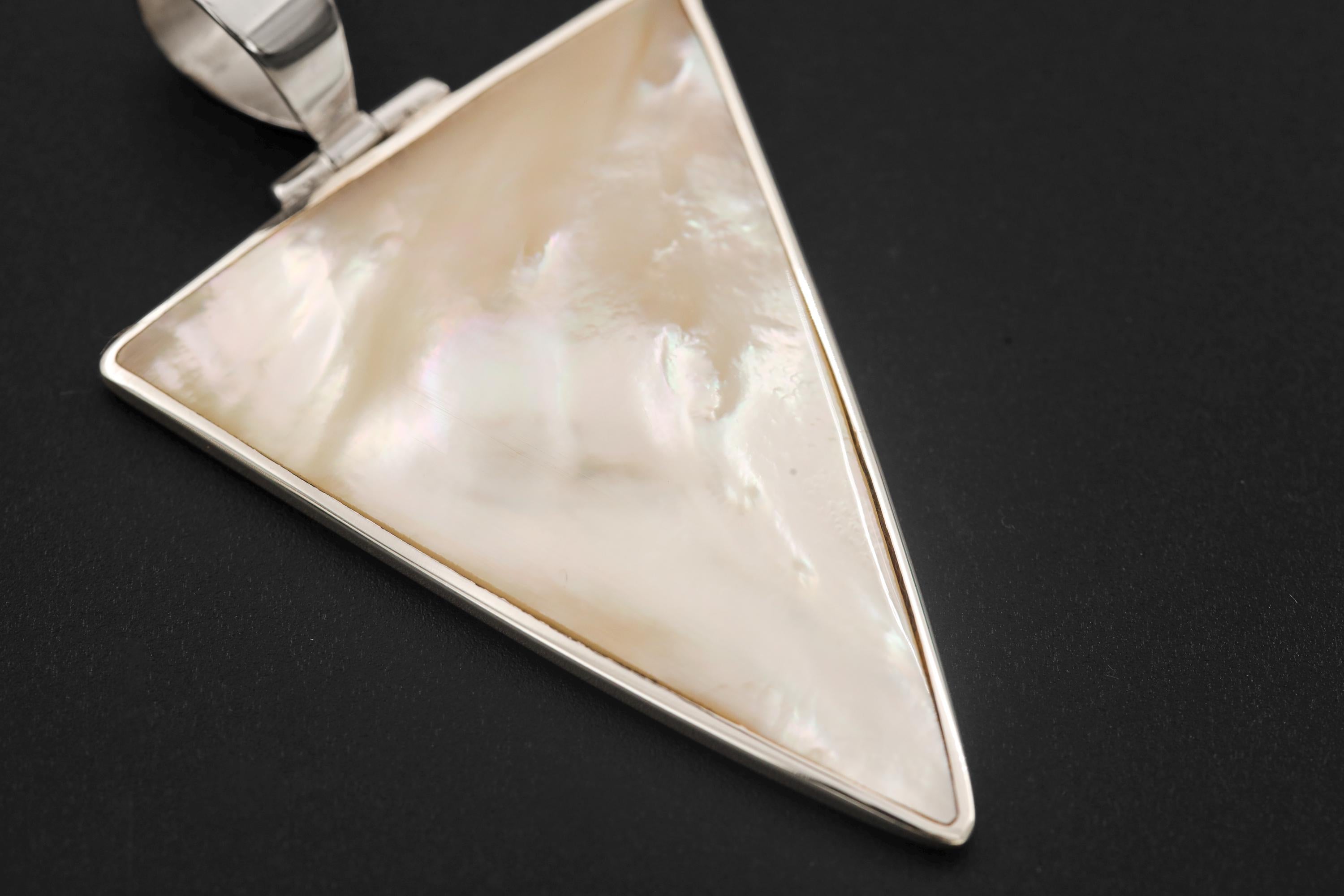 Triangular Mother of Pearl Pendant Necklace, Sterling Silver High Shine Shell Jewelry