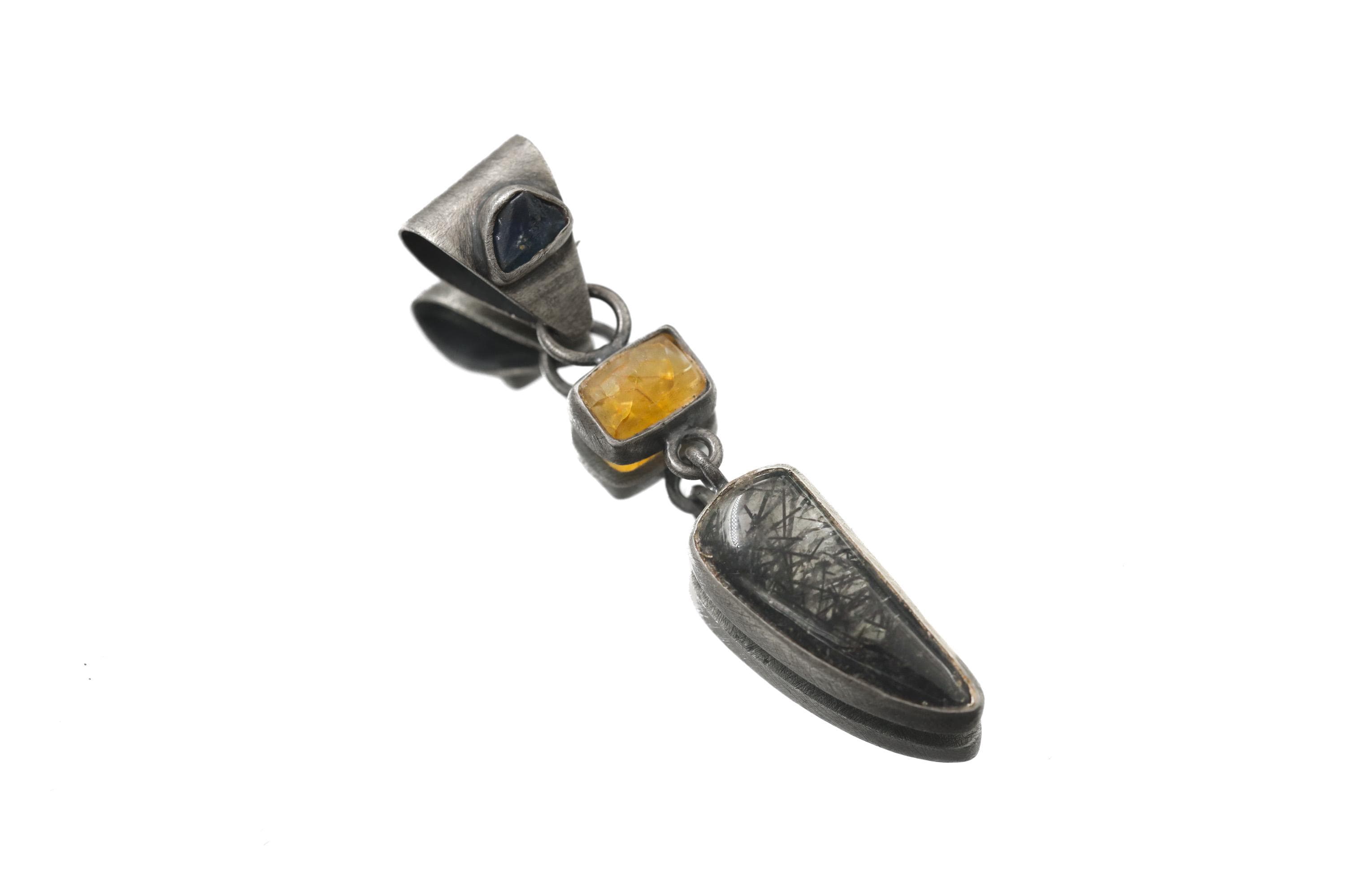 Oxidized Sterling Silver Pendant: Sapphire, Amber, Black Rutile Gemstones