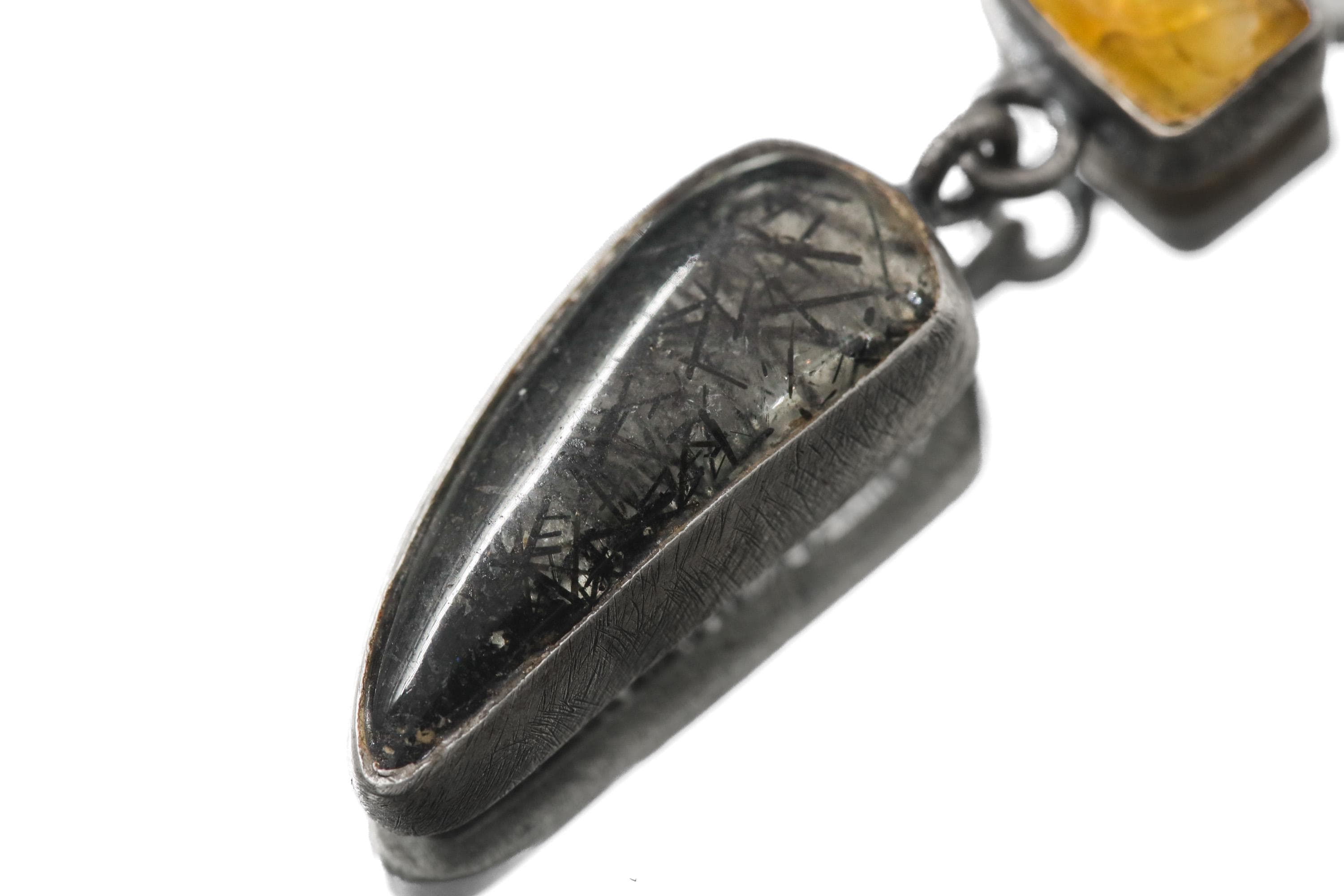 Oxidized Sterling Silver Pendant: Sapphire, Amber, Black Rutile Gemstones