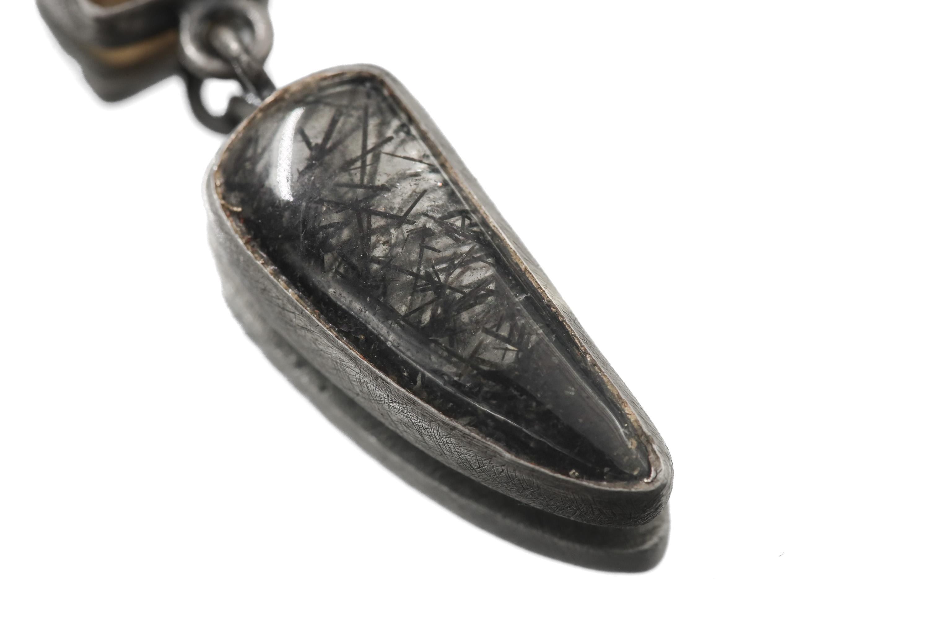 Oxidized Sterling Silver Pendant: Sapphire, Amber, Black Rutile Gemstones