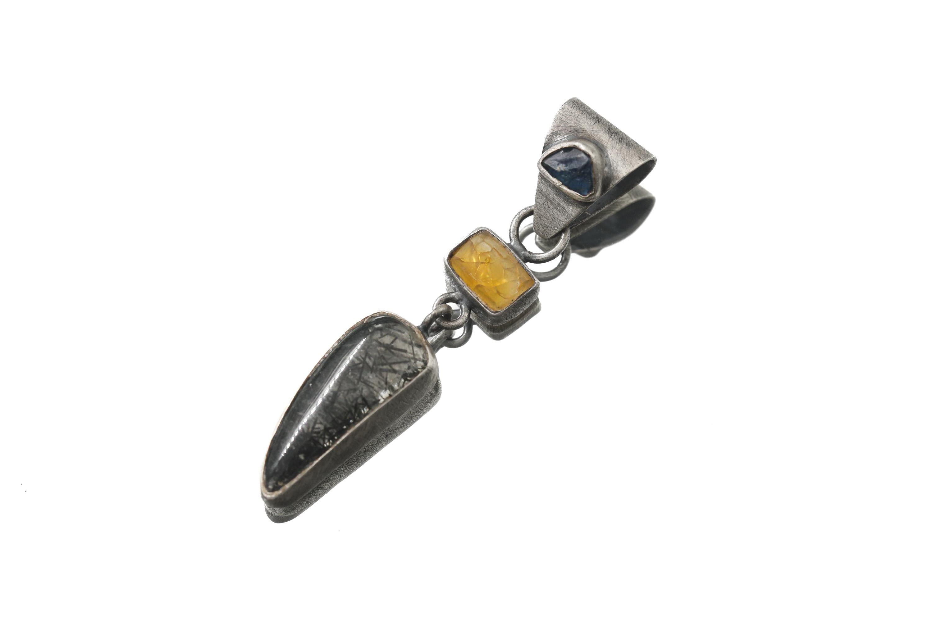 Oxidized Sterling Silver Pendant: Sapphire, Amber, Black Rutile Gemstones