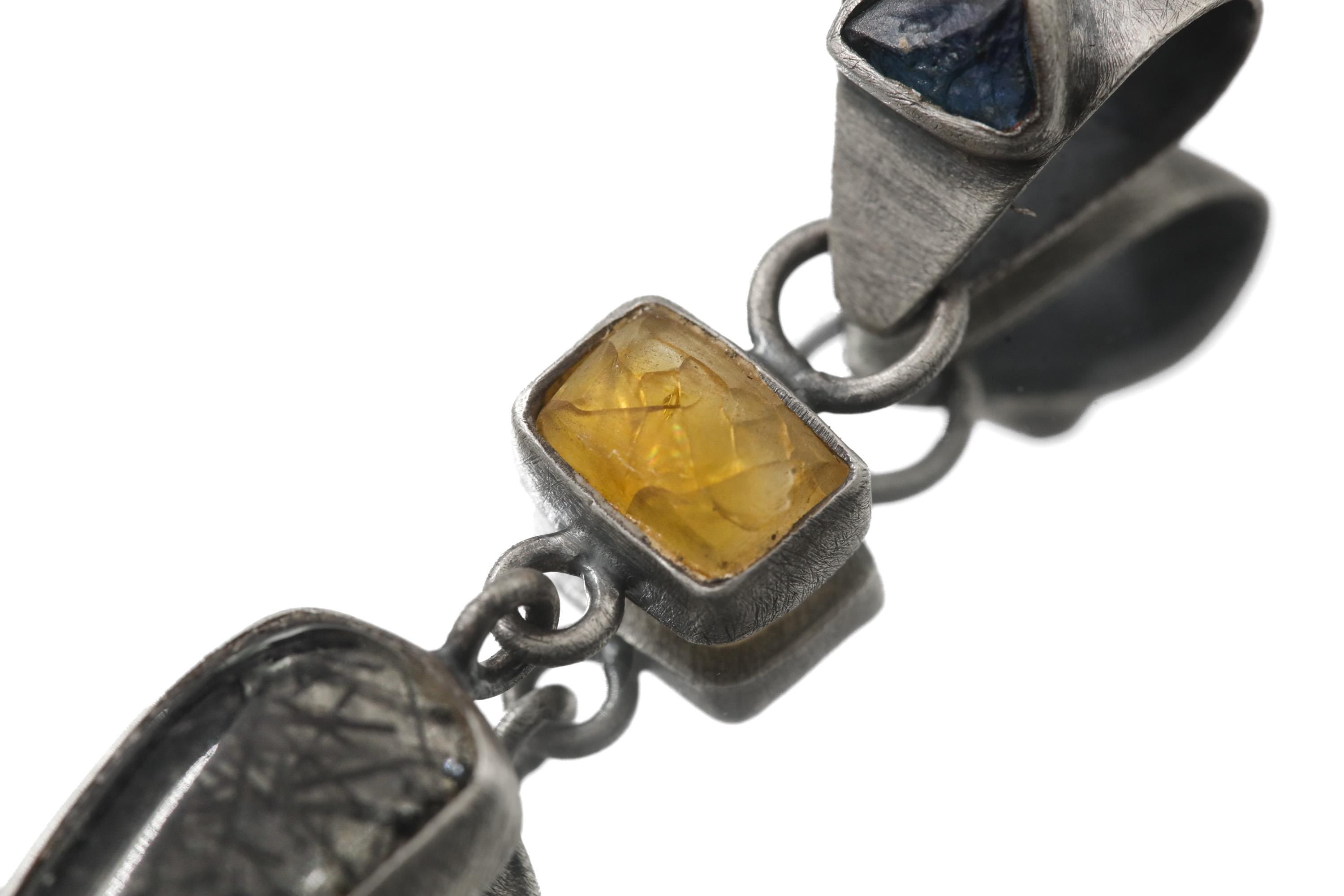 Oxidized Sterling Silver Pendant: Sapphire, Amber, Black Rutile Gemstones