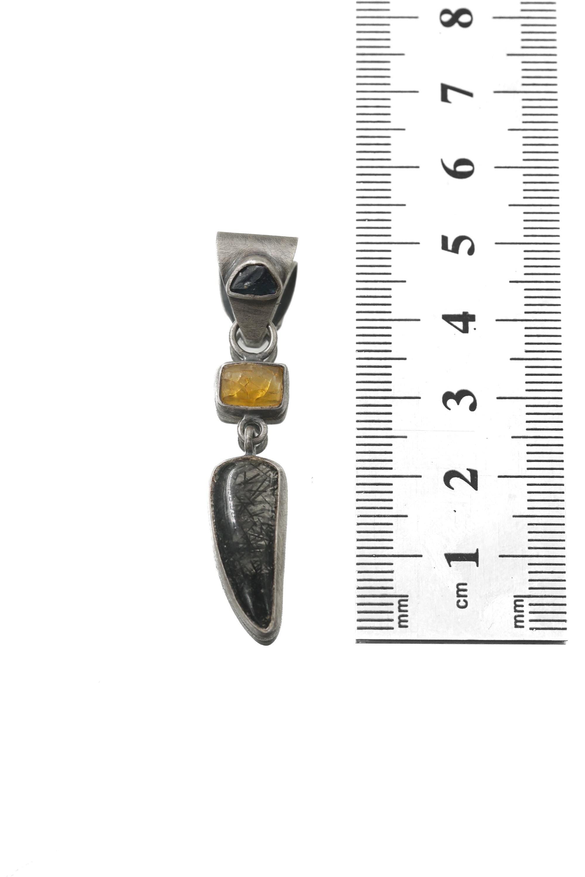 Oxidized Sterling Silver Pendant: Sapphire, Amber, Black Rutile Gemstones