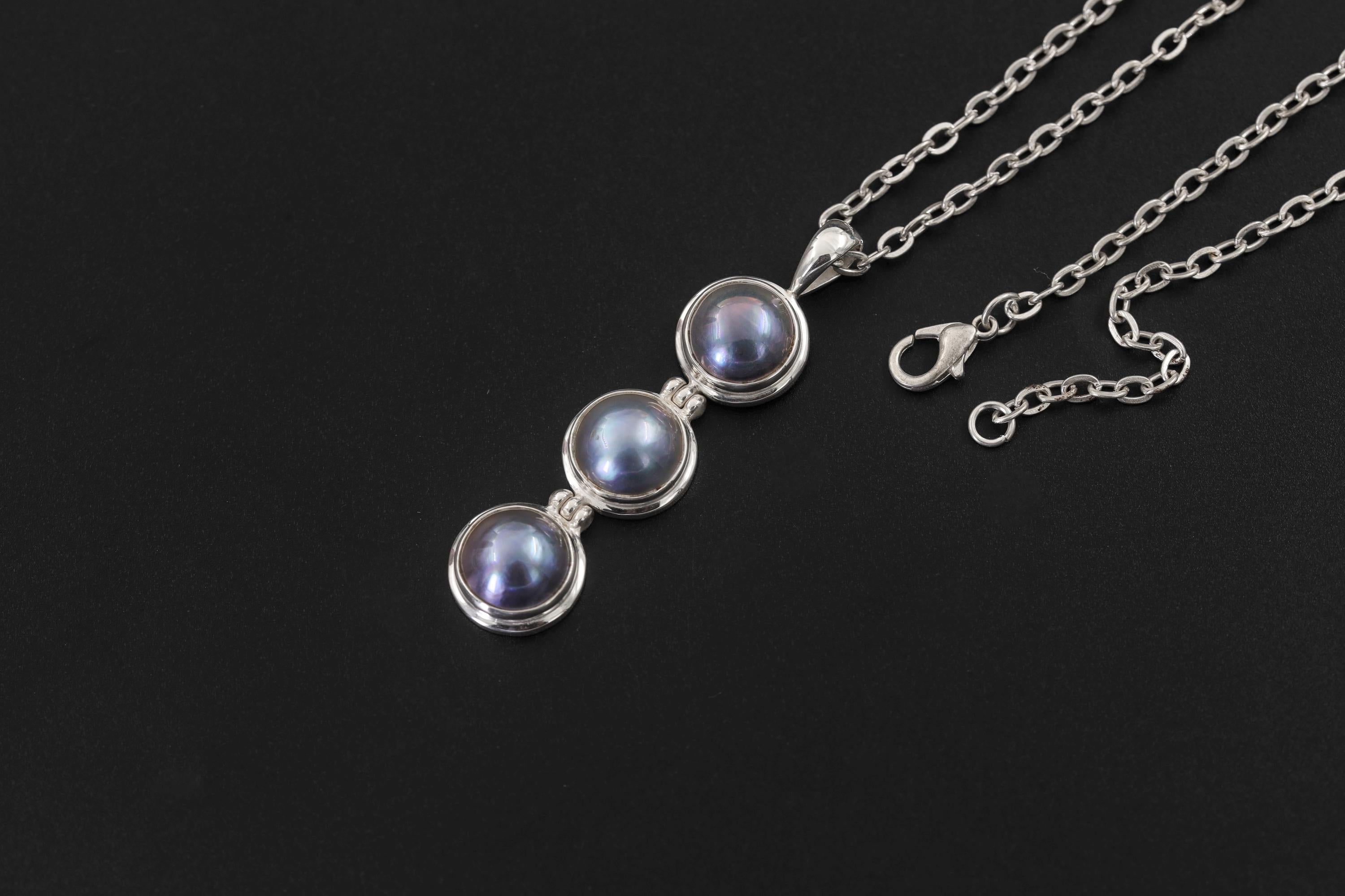 Triple Black Pearl Drop Pendant, 925 Sterling Silver, Elegant Minimalist Ocean Jewelry