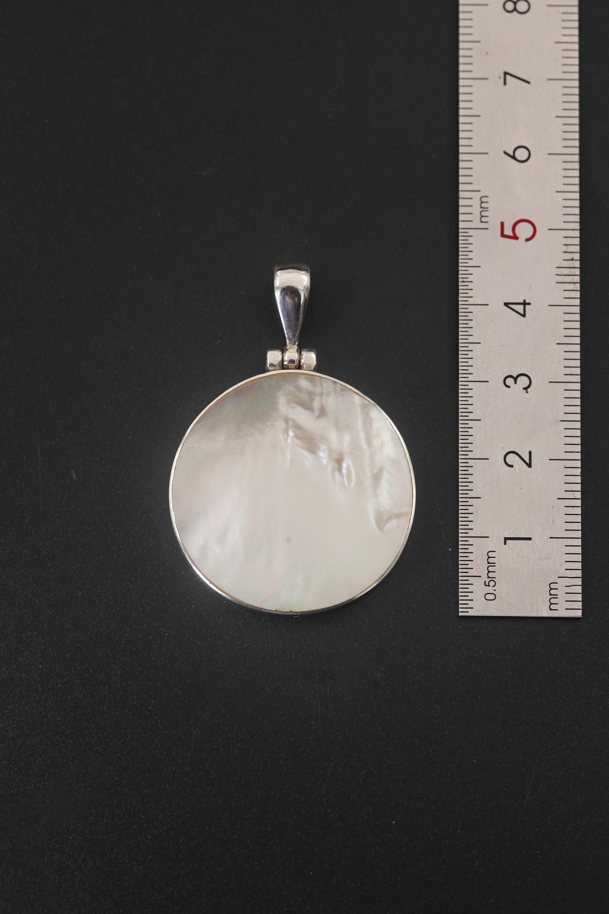 Round Mother of Pearl Pendant Necklace, Sterling Silver High Shine Polish, Boho Shell Talisman