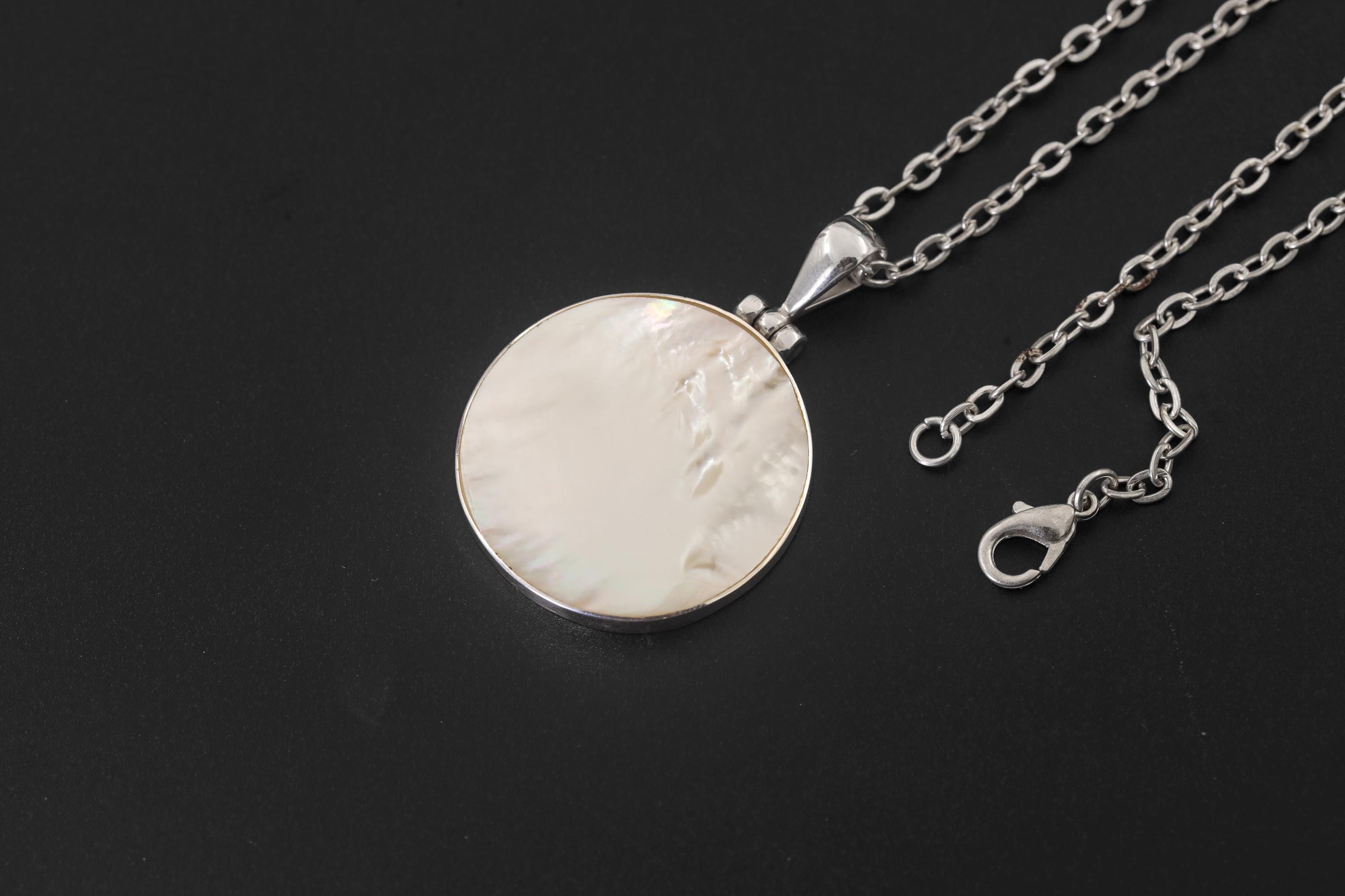 Round Mother of Pearl Necklace 925 Silver Shell Disc Pendant High Shine Bezel Ocean Lunar Jewelry Handmade Gift