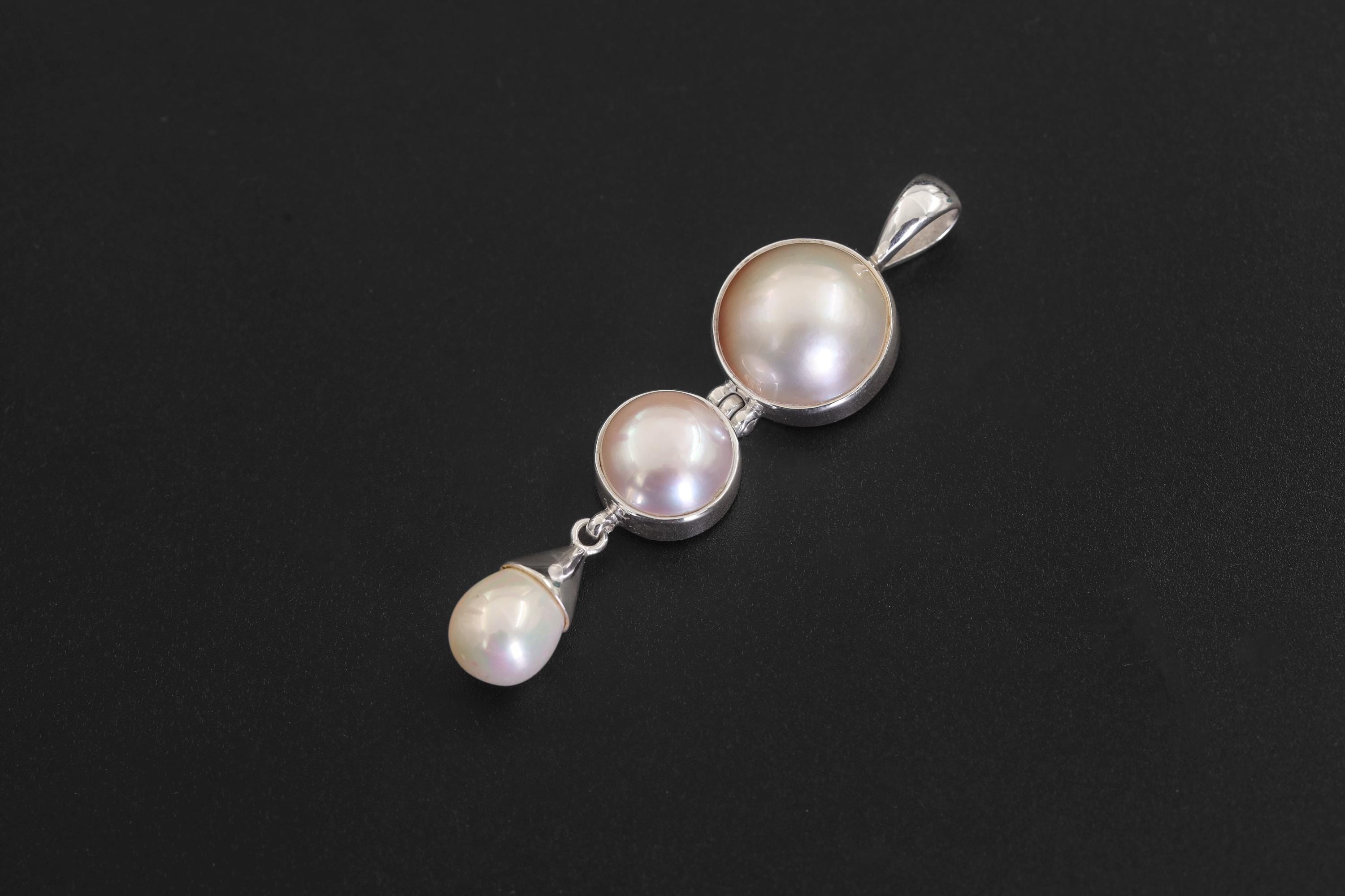 Pearl Pendant 925 Sterling Silver Three Stone Cascade Necklace Charm Crown Heart Chakra Cancer Pisces Gift