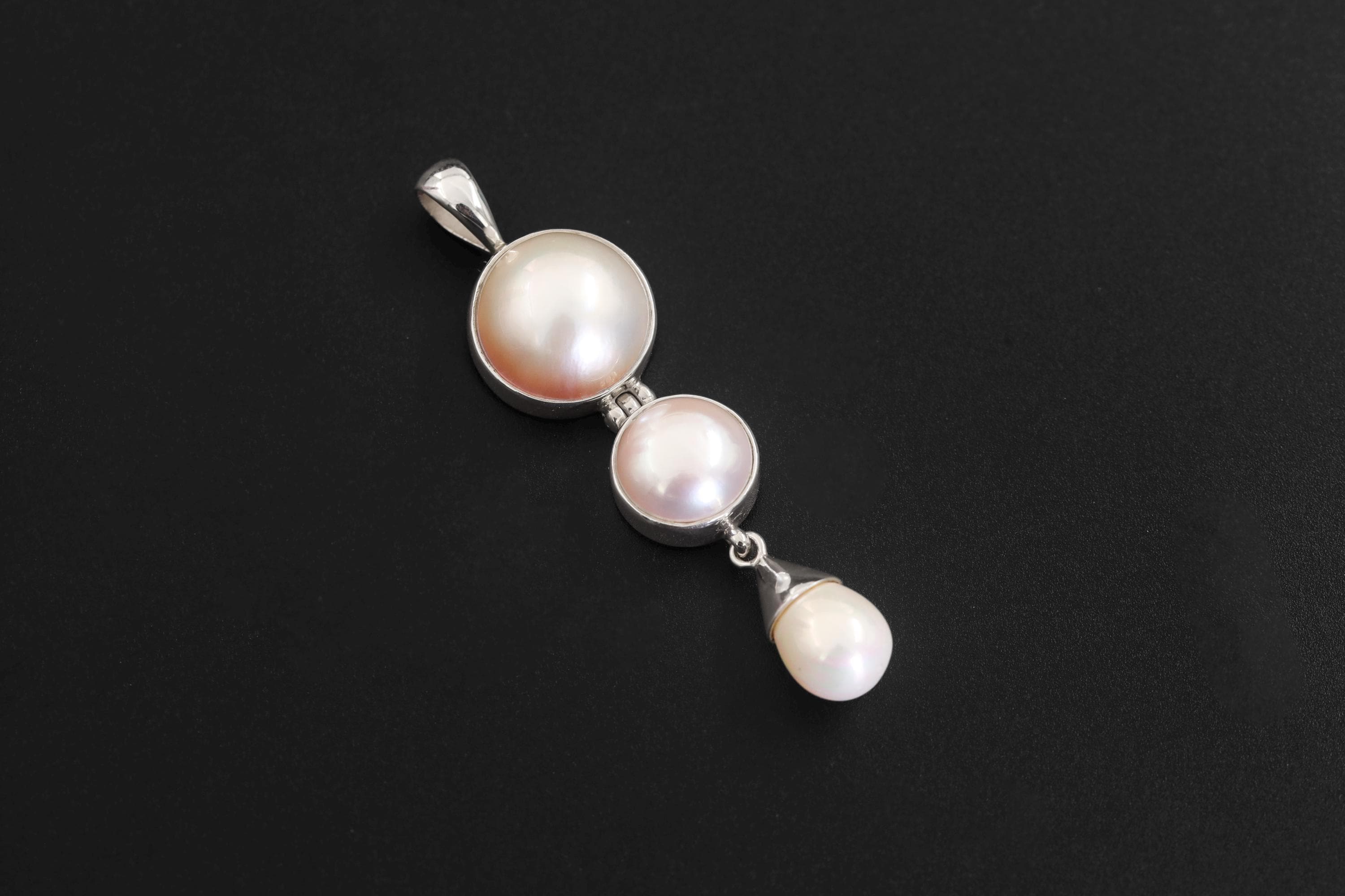 Triple Pearl Drop Pendant Necklace, 925 Sterling Silver, Round and Teardrop Pearls