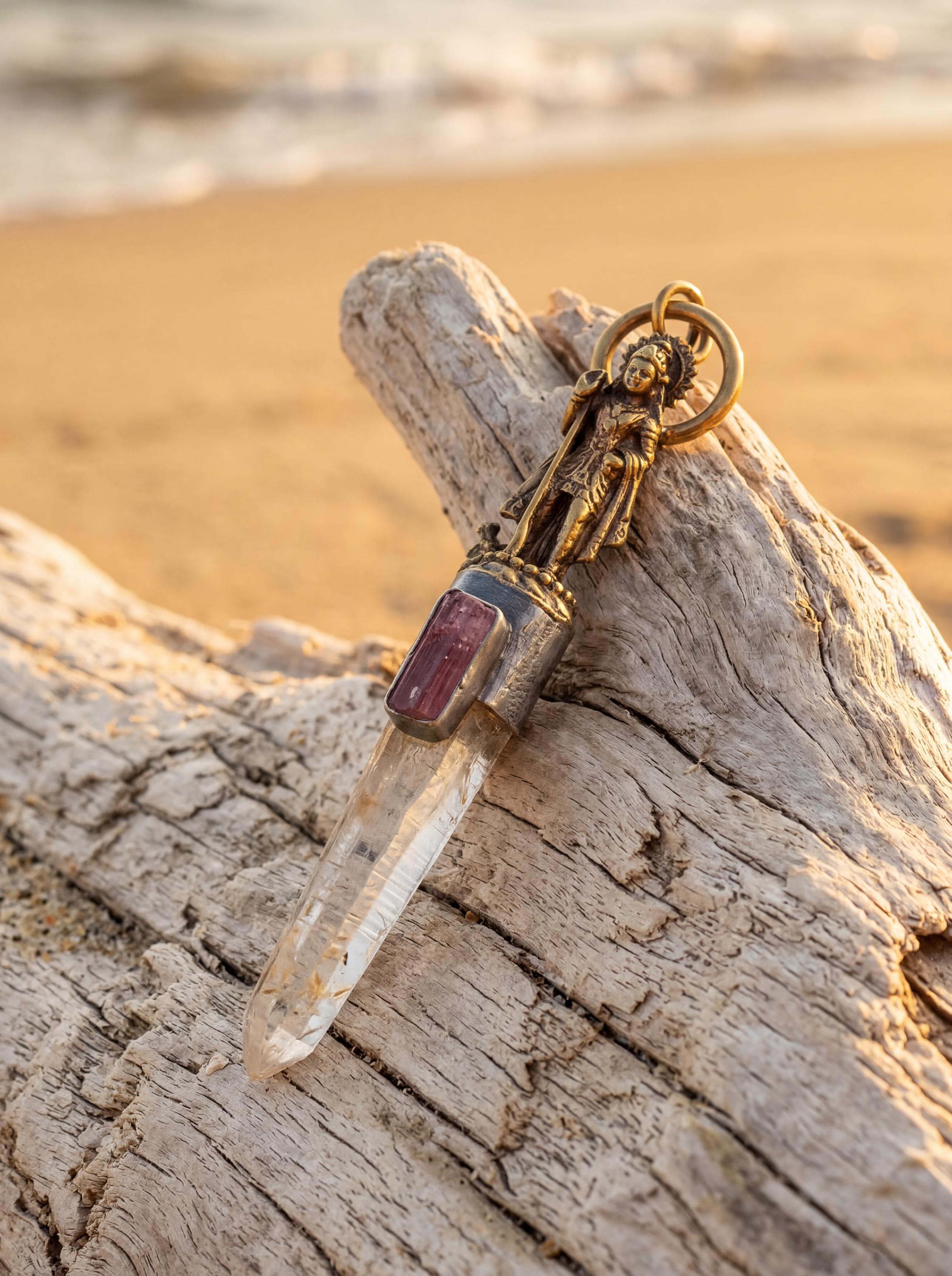 Saraswati Talisman Pendant, Himalayan Lemurian Point, Pink Tourmaline, Sterling Silver Bezel