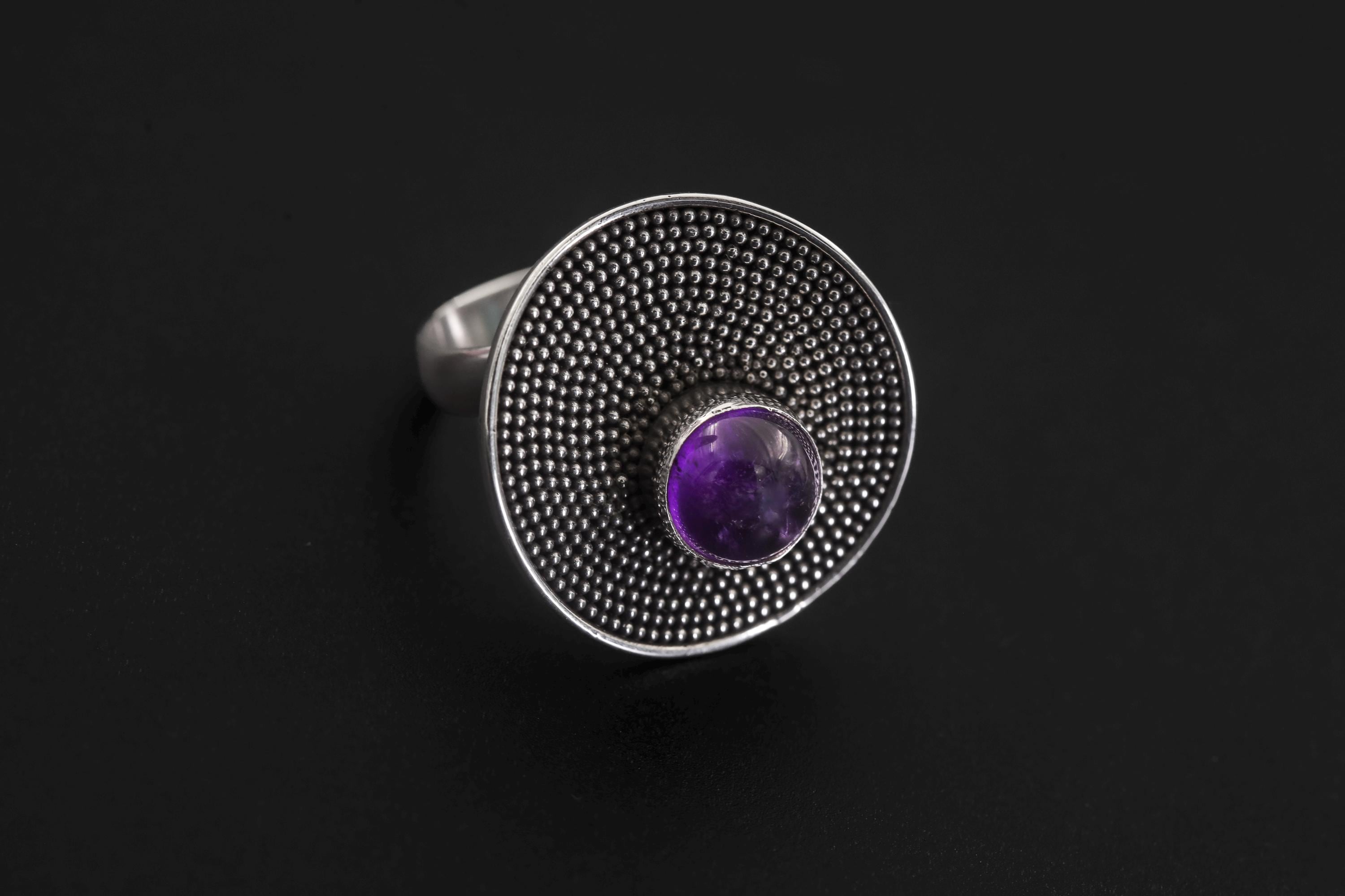 Adjustable Amethyst Ring 925 Sterling Silver Solar Disc Ring Violet Cabochon Crown Chakra Statement Jewelry Gift