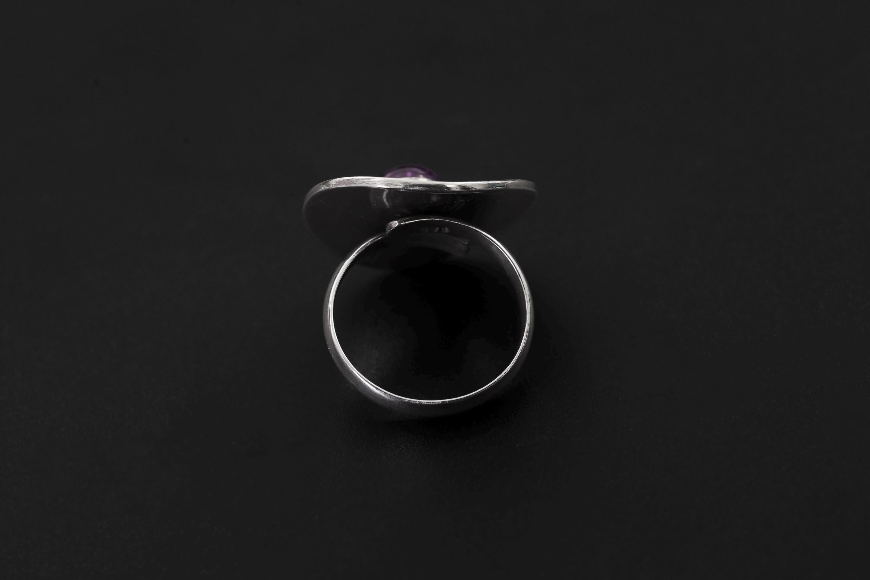 Adjustable Amethyst Ring 925 Sterling Silver Solar Disc Ring Violet Cabochon Crown Chakra Statement Jewelry Gift