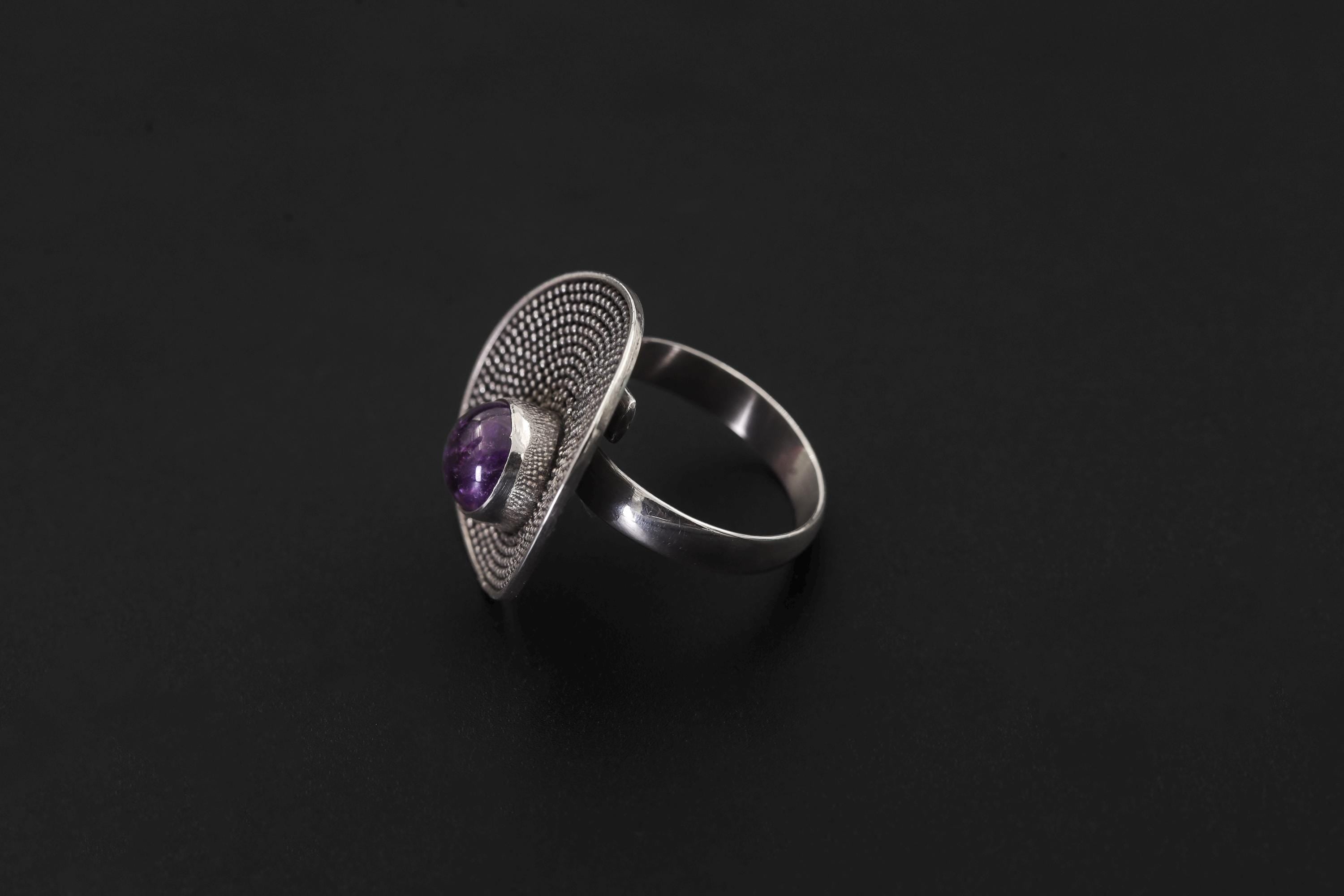 Adjustable Amethyst Ring 925 Sterling Silver Solar Disc Ring Violet Cabochon Crown Chakra Statement Jewelry Gift