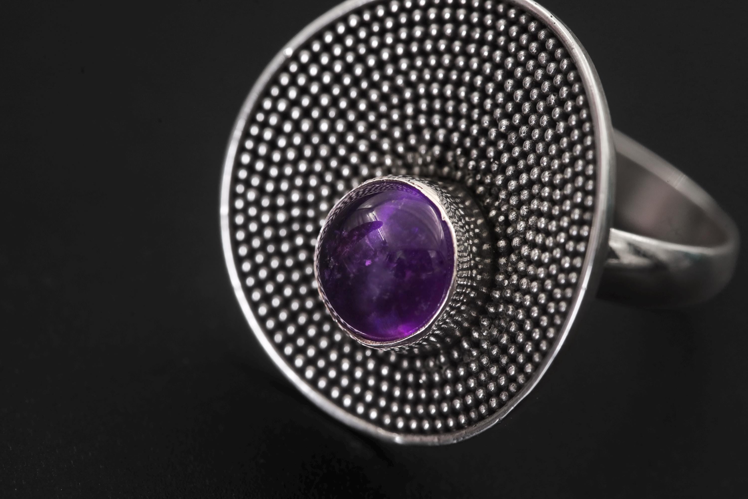 Adjustable Amethyst Ring 925 Sterling Silver Solar Disc Ring Violet Cabochon Crown Chakra Statement Jewelry Gift