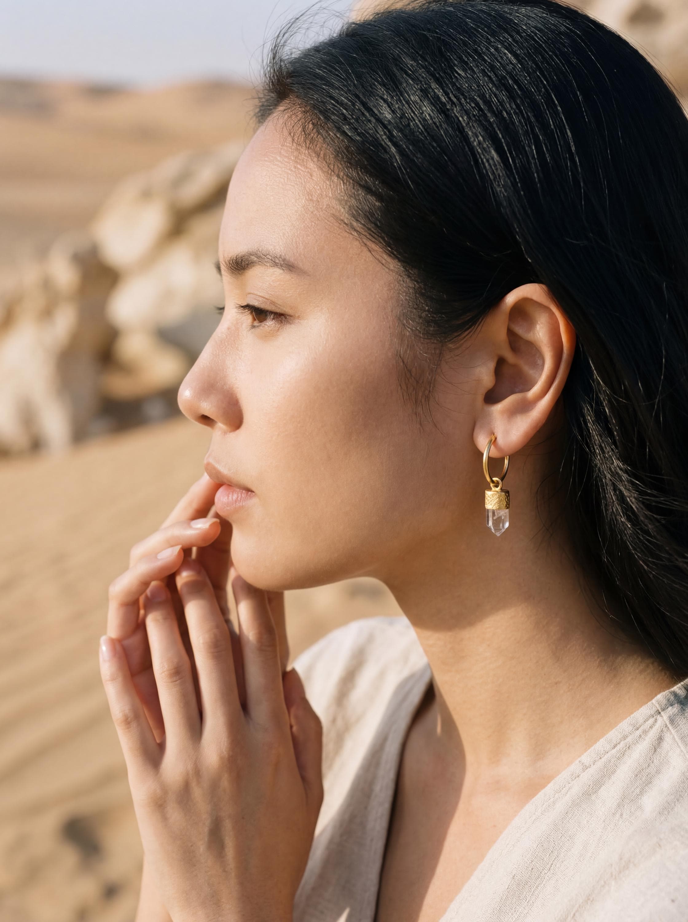 Gold Plated Lemurian Quartz Hoop Earrings: Australian Crystal