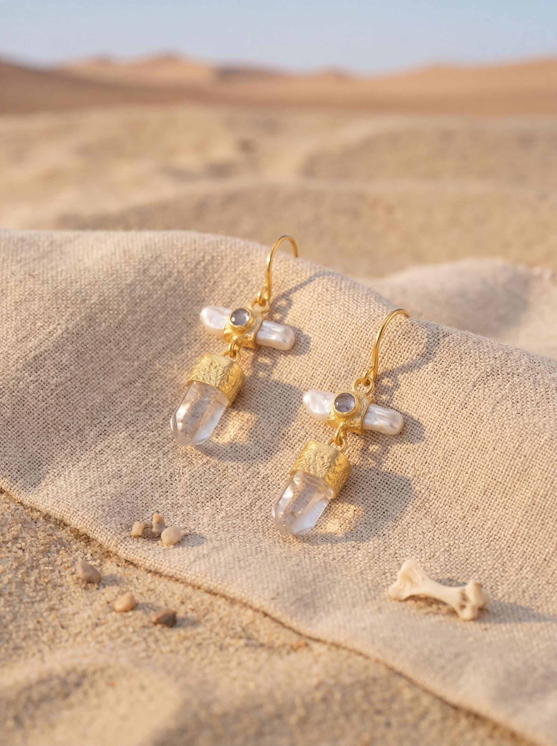 Gold Plated Sterling Silver Dangle Earrings: Pearl, Quartz & Moonstone