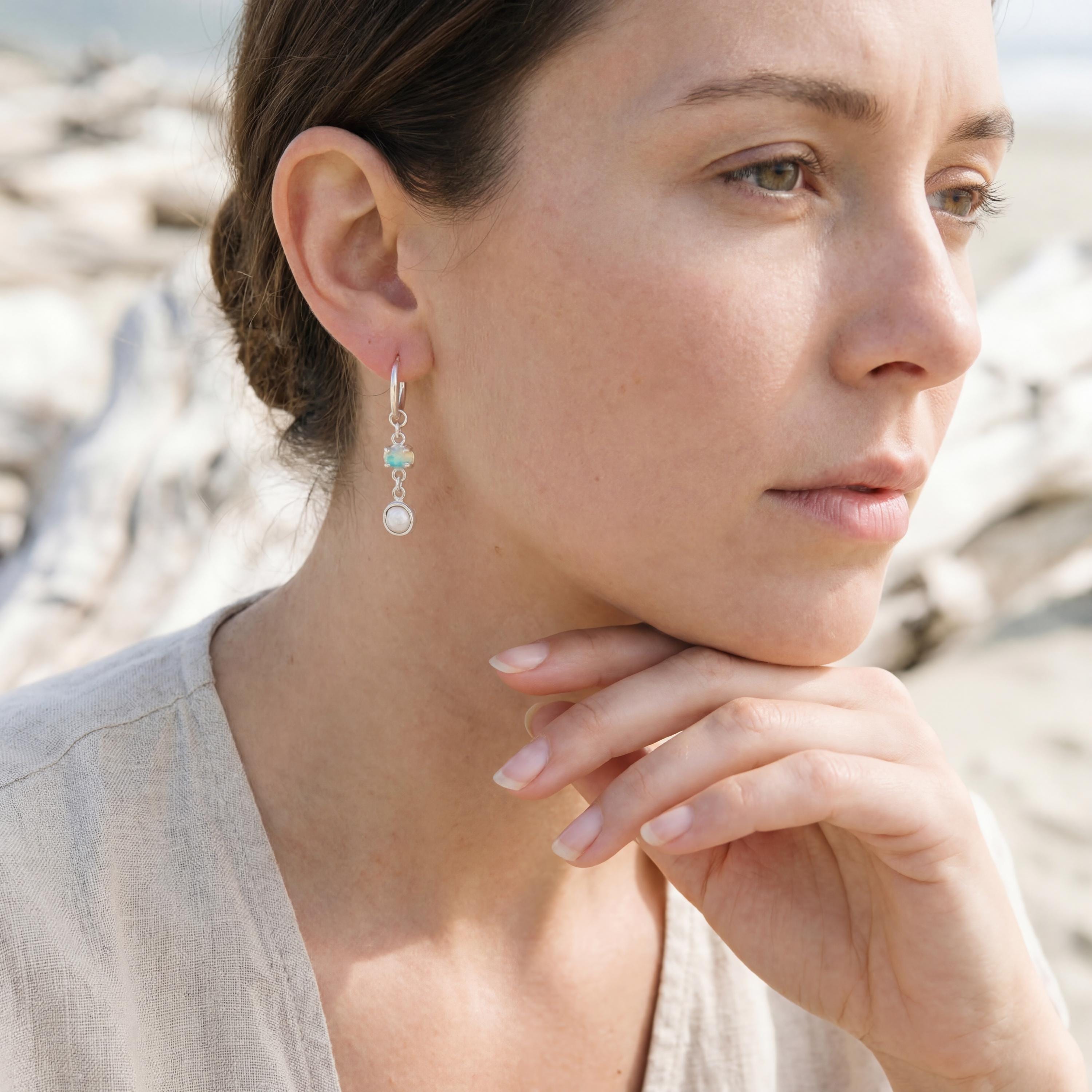 Sterling Silver Hoop Earrings: Ethiopian Opal & Pearl Dangle Earrings