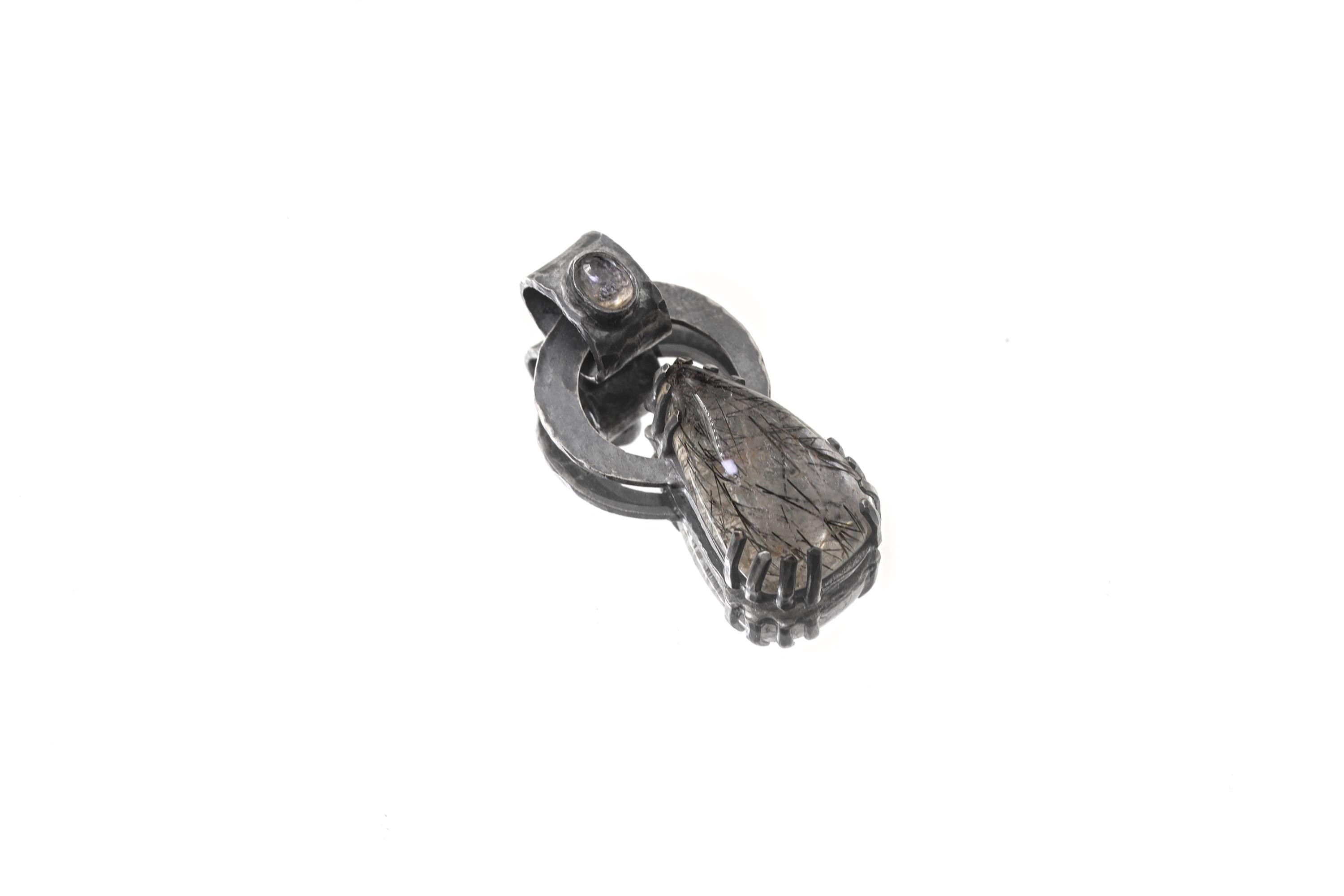 Black Rutile Quartz and Blue Moonstone - Oxidised Hammered Sterling Silver - Claw Set Pendant