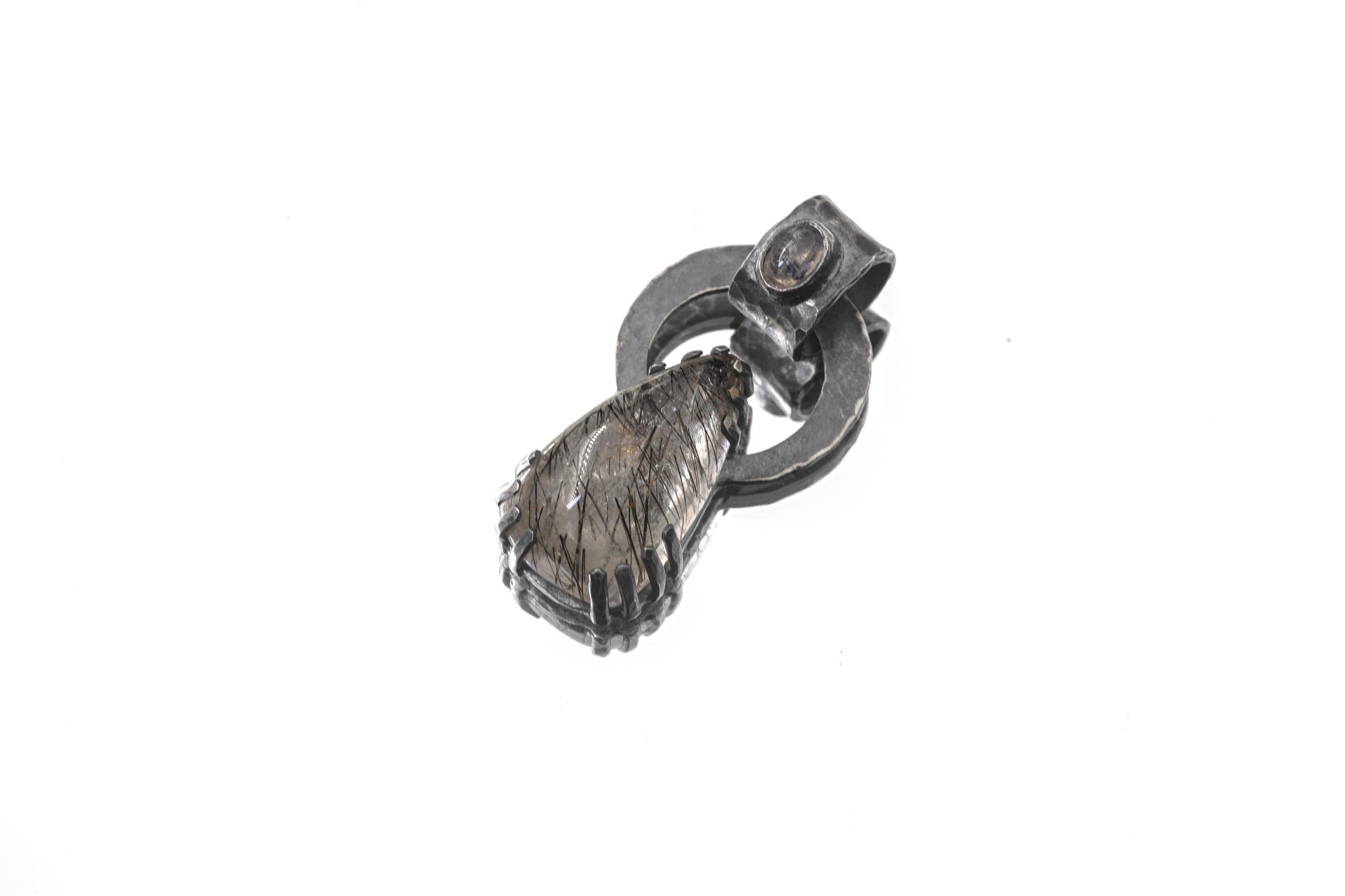 Black Rutile Quartz and Blue Moonstone - Oxidised Hammered Sterling Silver - Claw Set Pendant