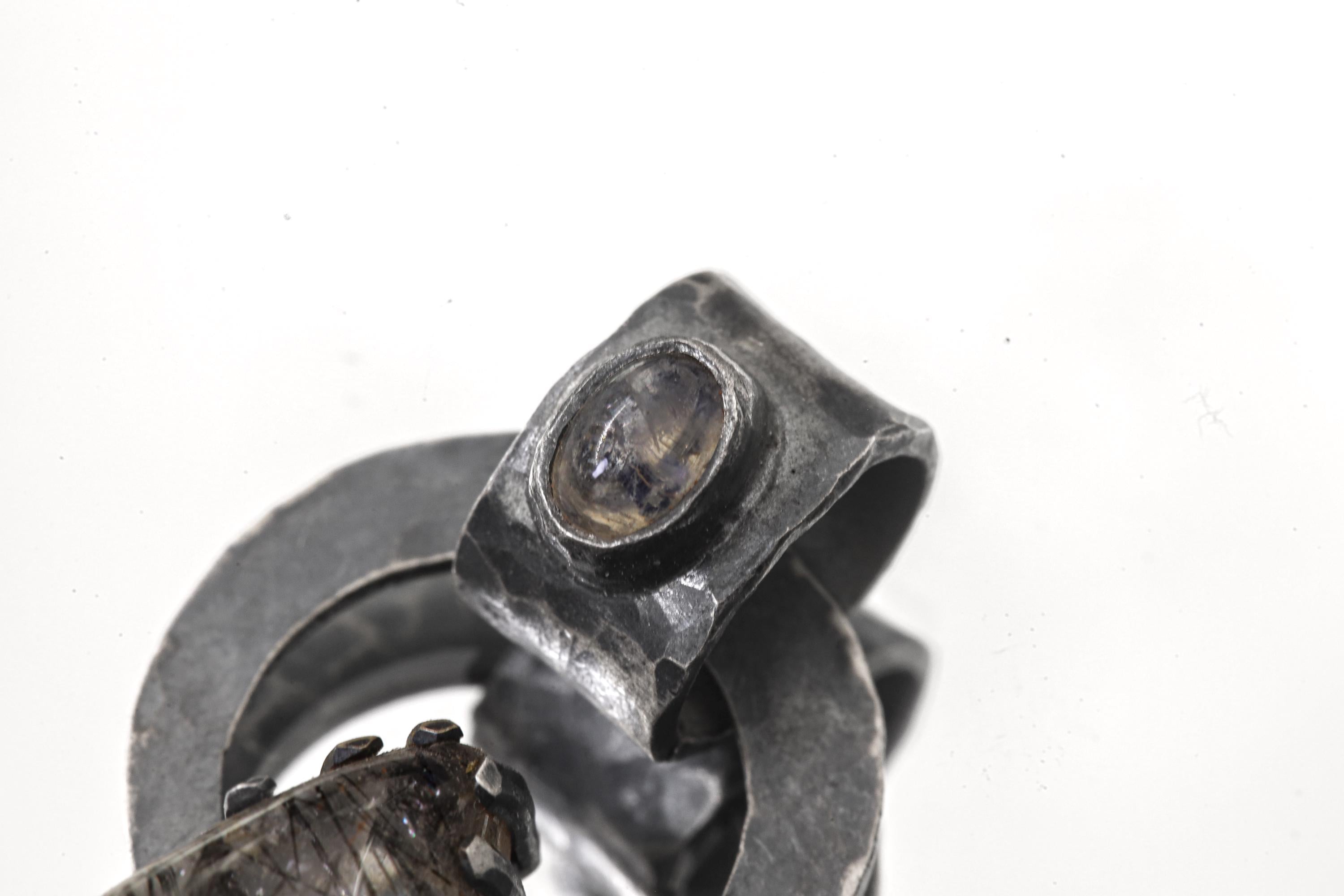 Blue Moonstone Black Rutile Quartz Pendant 925 Silver Oxidized Claw Set Third Eye Crown Chakra Gift
