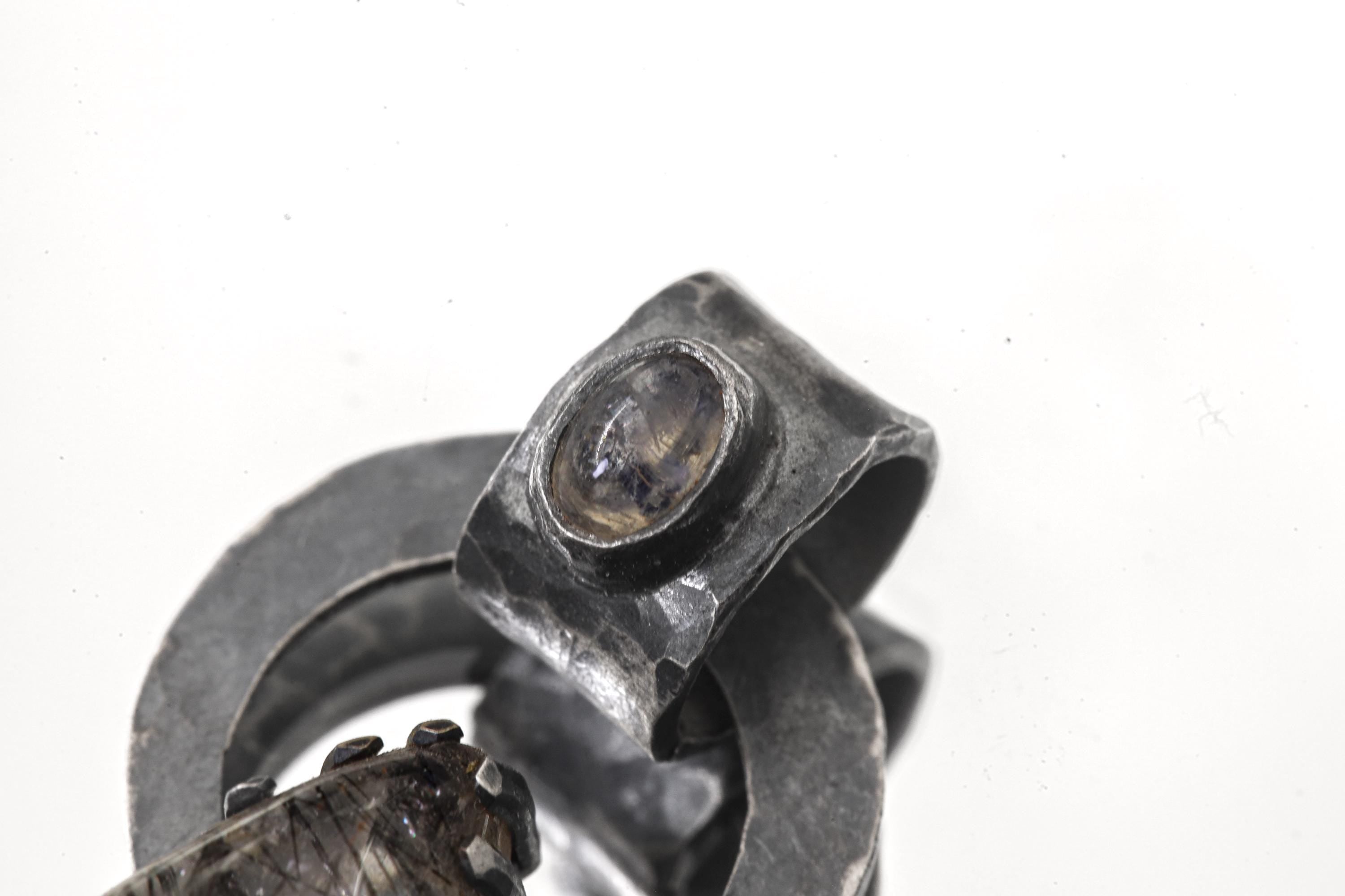 Black Rutile Quartz and Blue Moonstone - Oxidised Hammered Sterling Silver - Claw Set Pendant