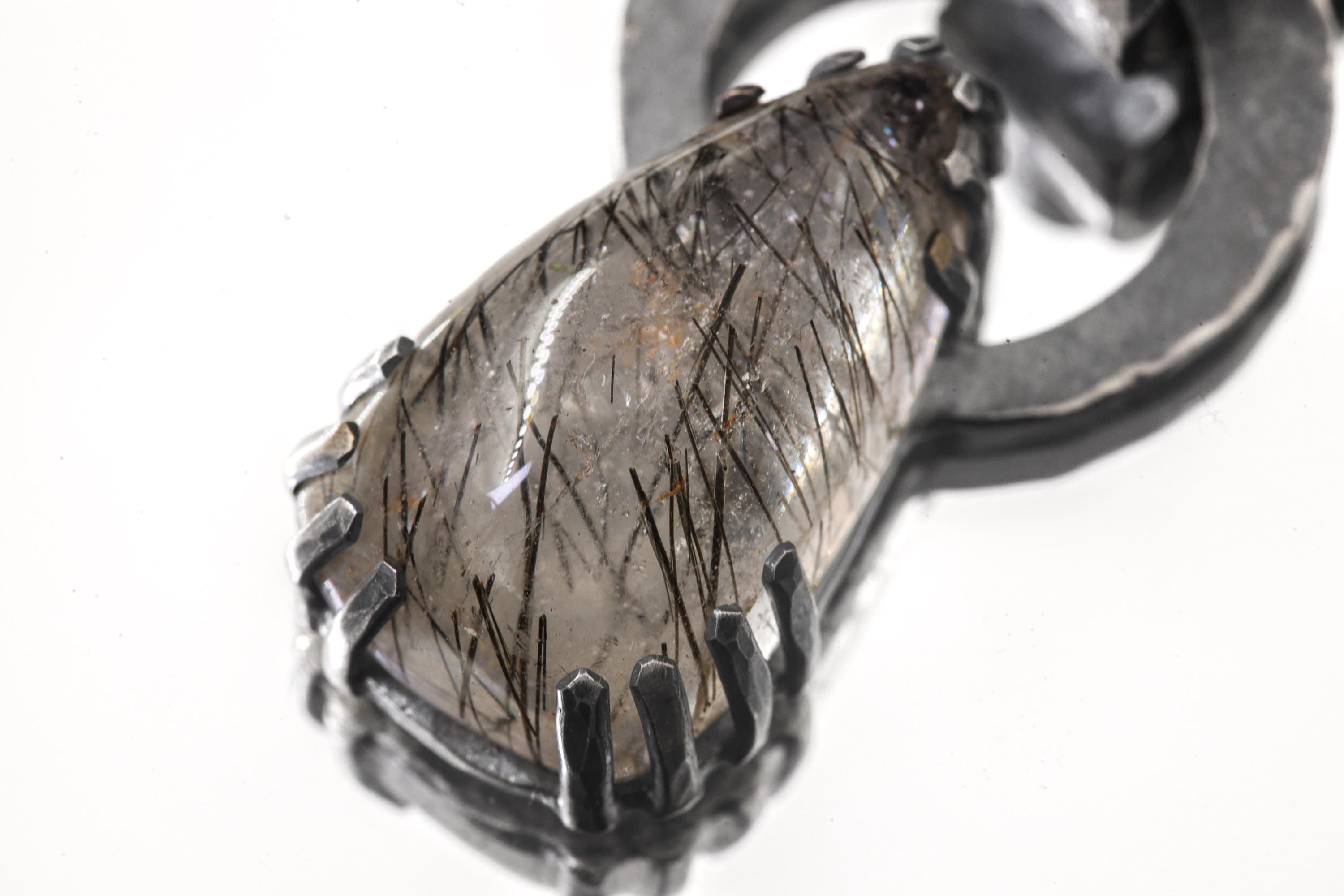 Black Rutile Quartz and Blue Moonstone - Oxidised Hammered Sterling Silver - Claw Set Pendant