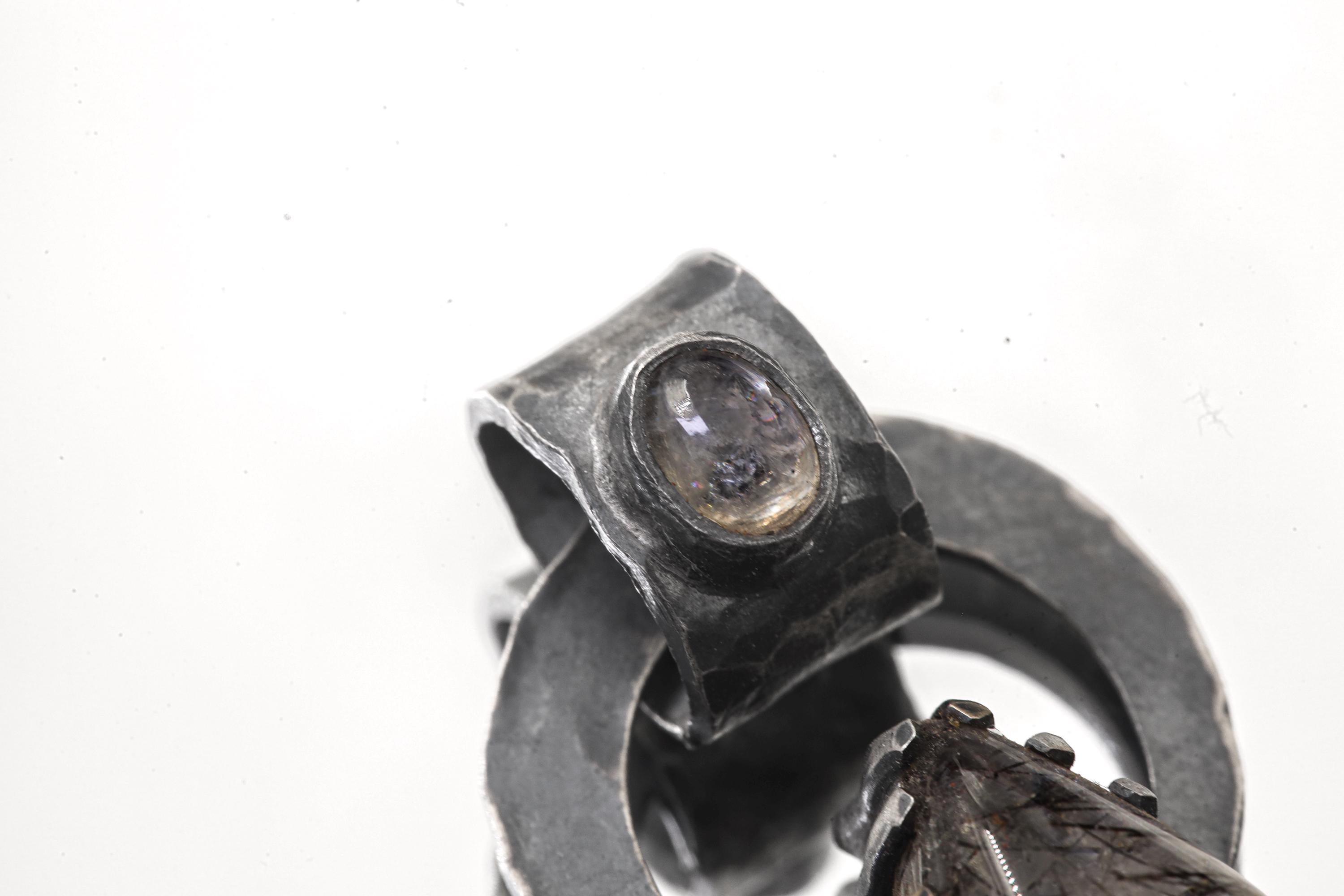 Black Rutile Quartz and Blue Moonstone - Oxidised Hammered Sterling Silver - Claw Set Pendant
