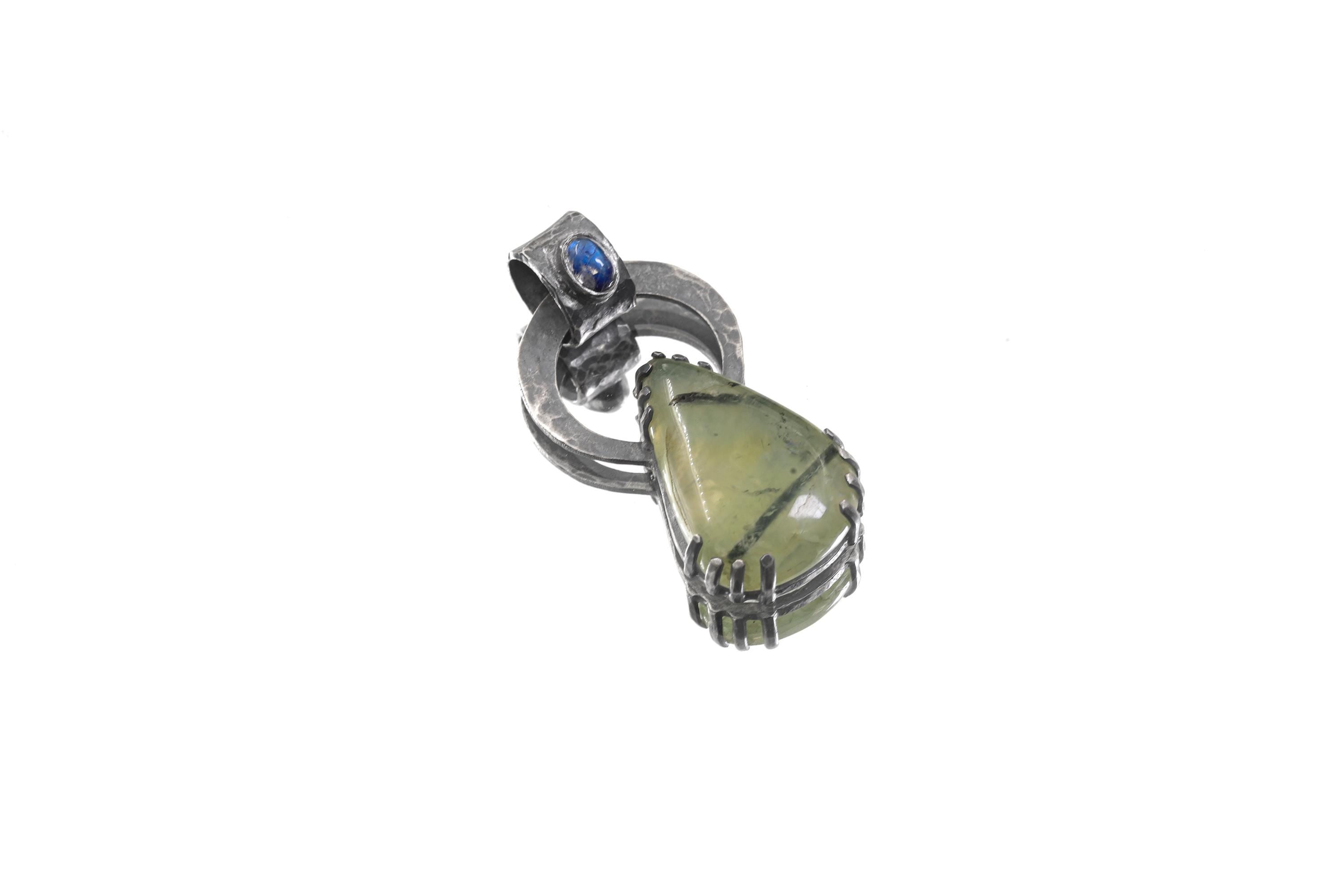 Blue Moonstone Peridot Pendant 925 Sterling Silver Oxidized Claw Necklace Third Eye Heart Chakra Gift