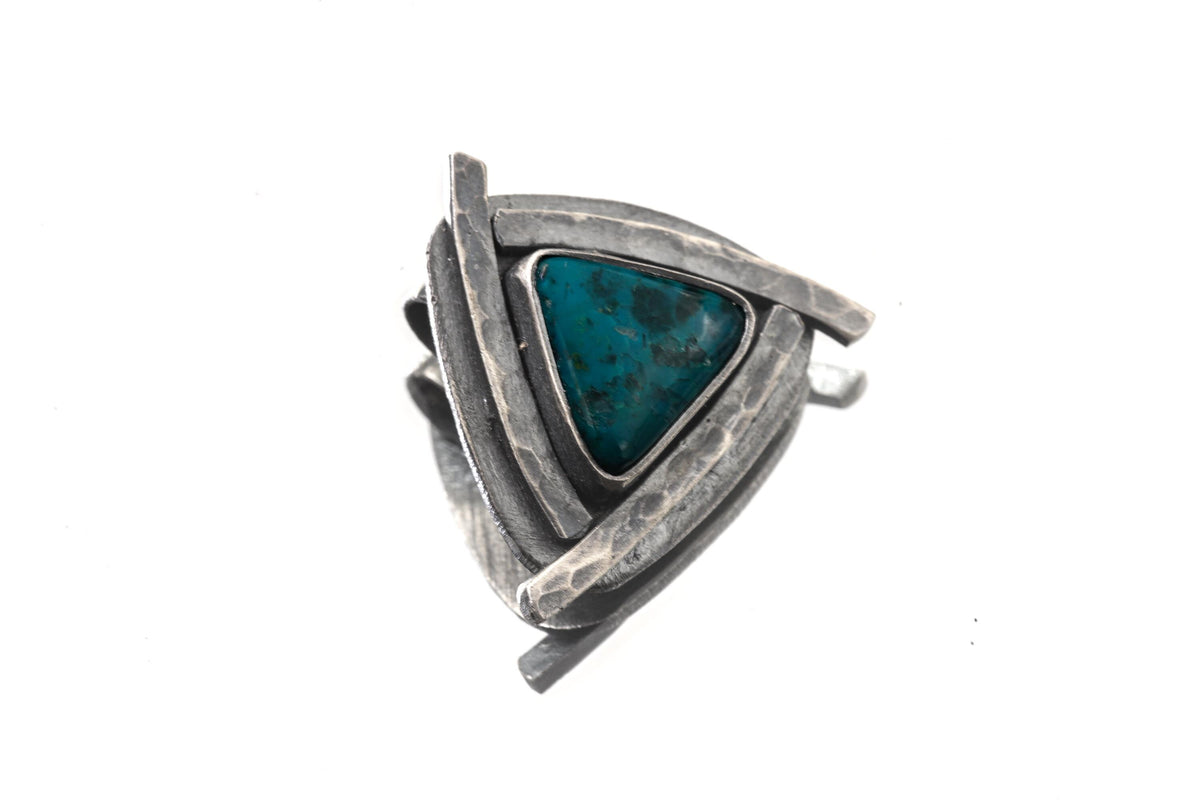 Triangle of Serenity - Silicated Chrysocolla - Stack Pendant - Textured & oxidised - 925 Sterling Silver - Crystal Pendant
