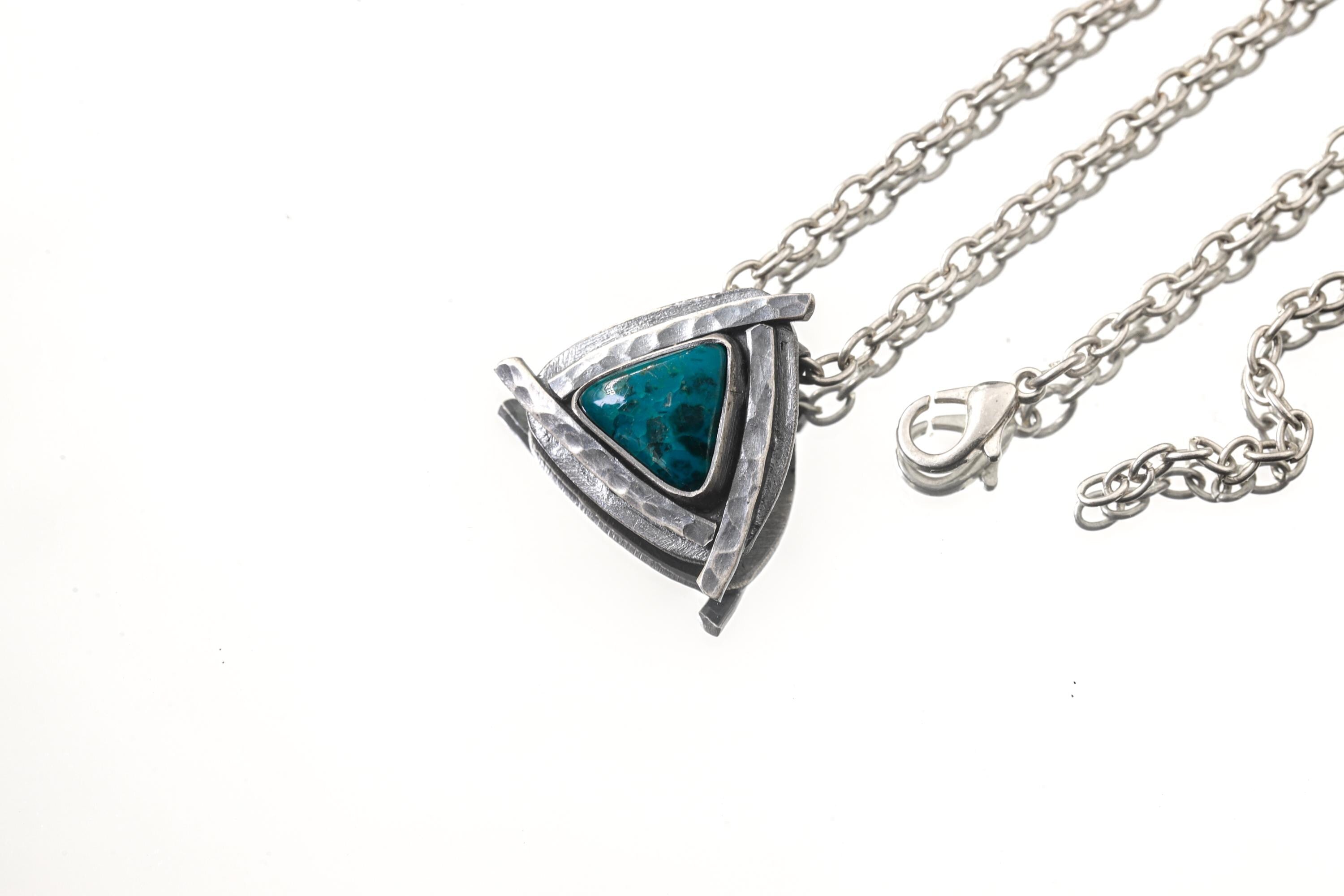 Triangle of Serenity - Silicated Chrysocolla - Stack Pendant - Textured & oxidised - 925 Sterling Silver - Crystal Pendant