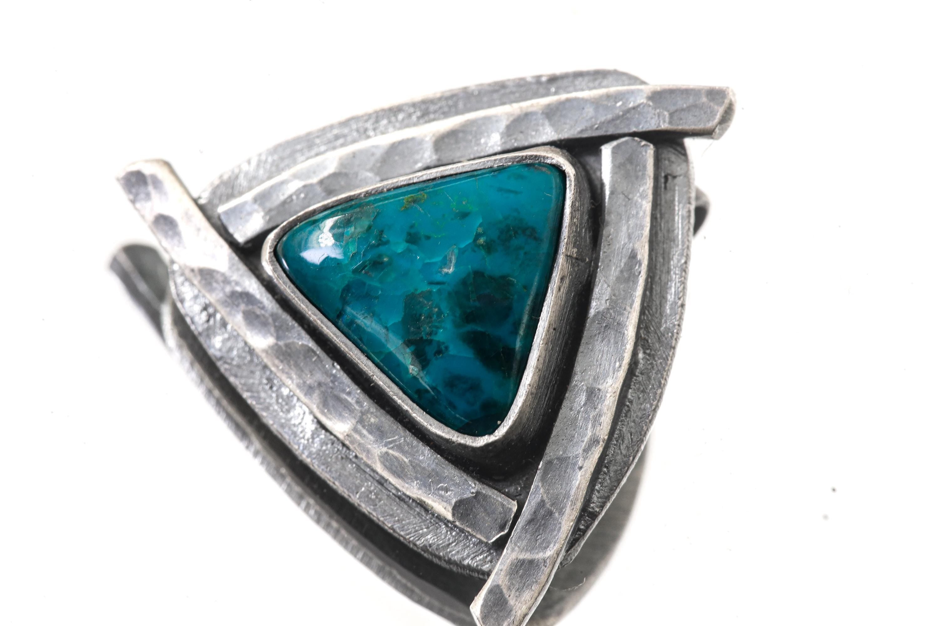 Triangle of Serenity - Silicated Chrysocolla - Stack Pendant - Textured & oxidised - 925 Sterling Silver - Crystal Pendant