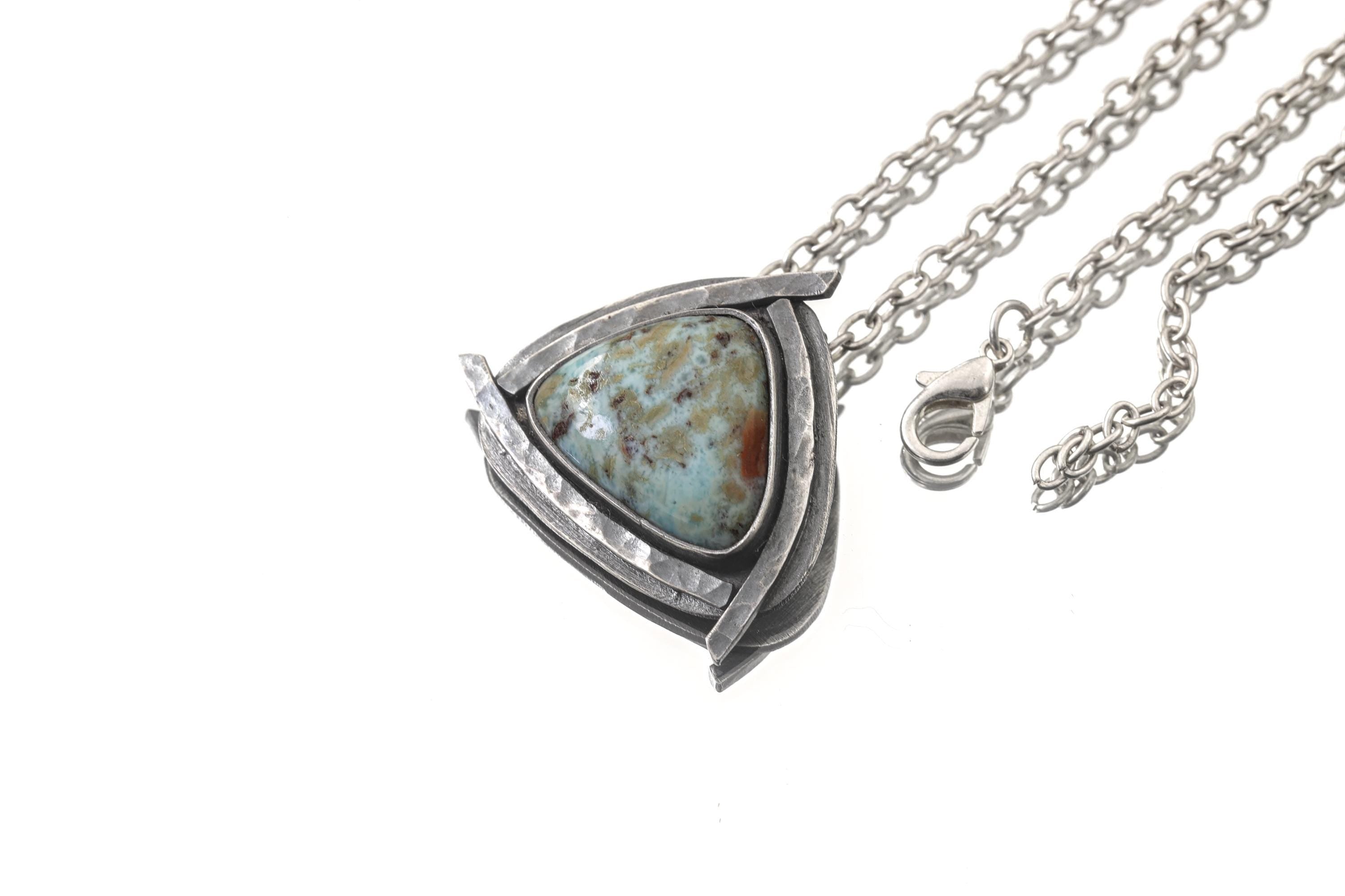 Larimar Triangle Pendant 925 Sterling Silver Oxidized Necklace Throat Third Eye Chakra Aquarius Gift