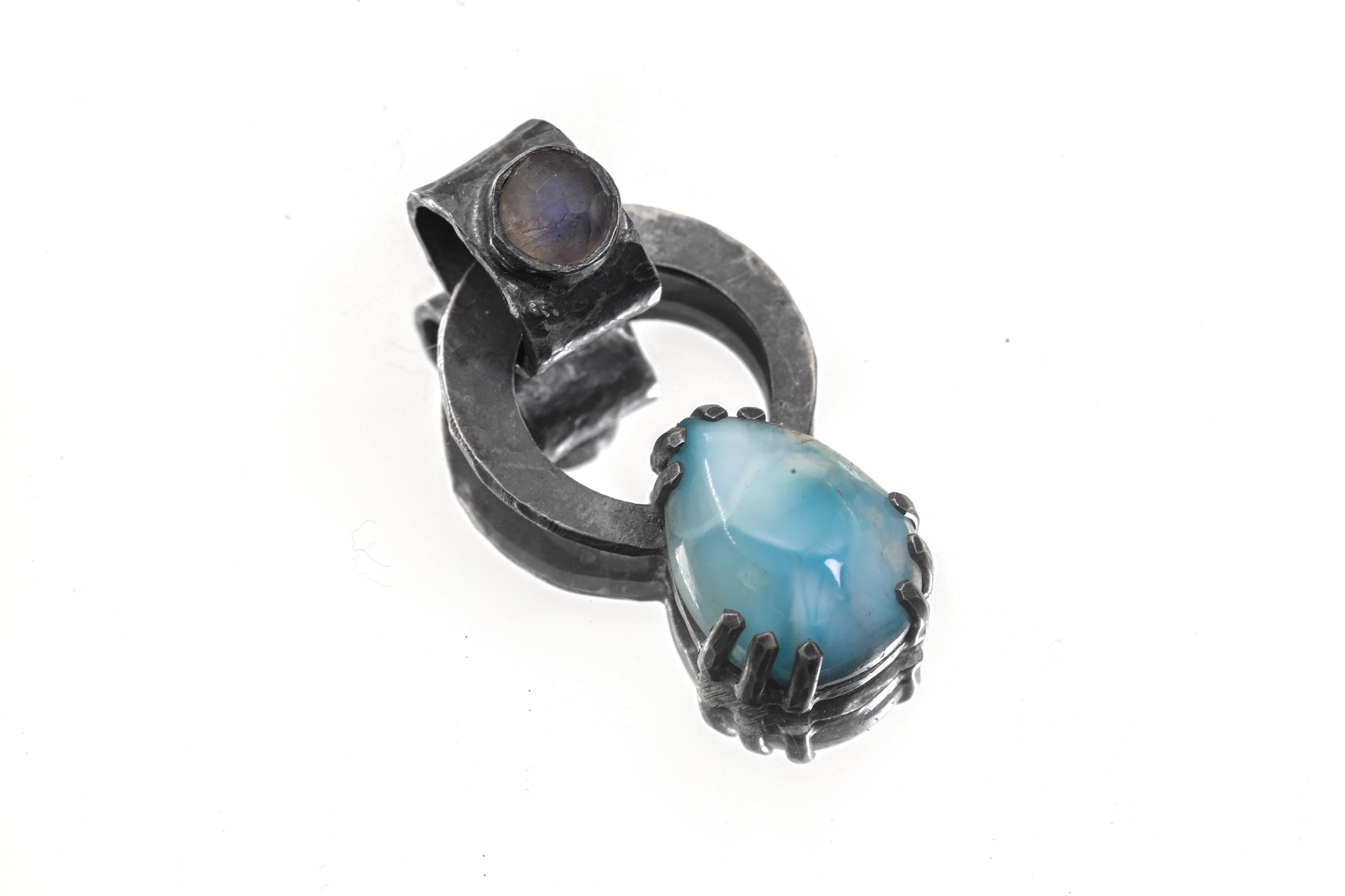 Larimar Blue Moonstone Pendant 925 Sterling Silver Oxidized Hammered Claw Necklace Throat Crown Chakra Gift