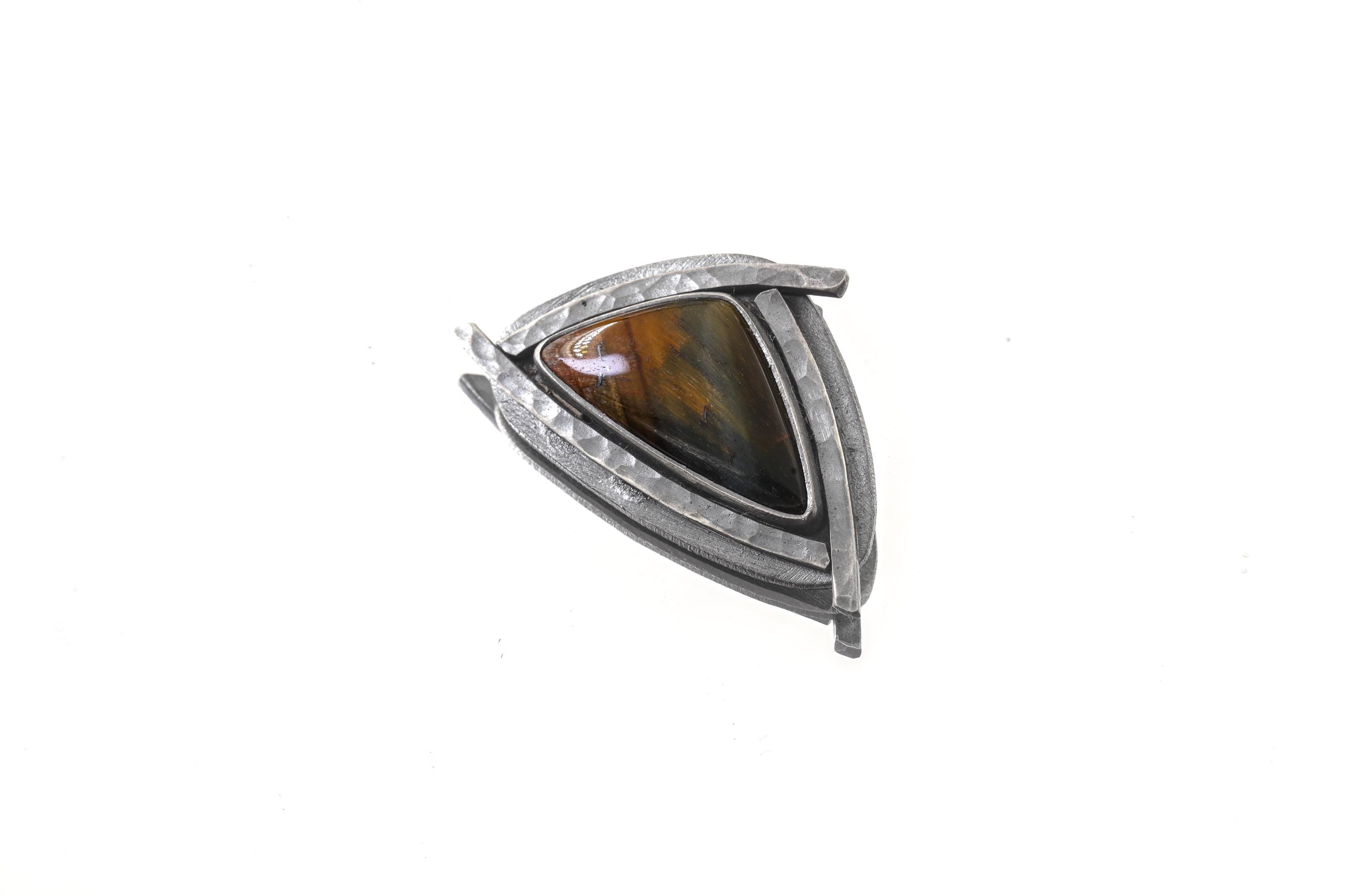 Tiger Eye Triangle Pendant 925 Sterling Silver Oxidized Necklace Solar Plexus Root Chakra Leo Capricorn Gift