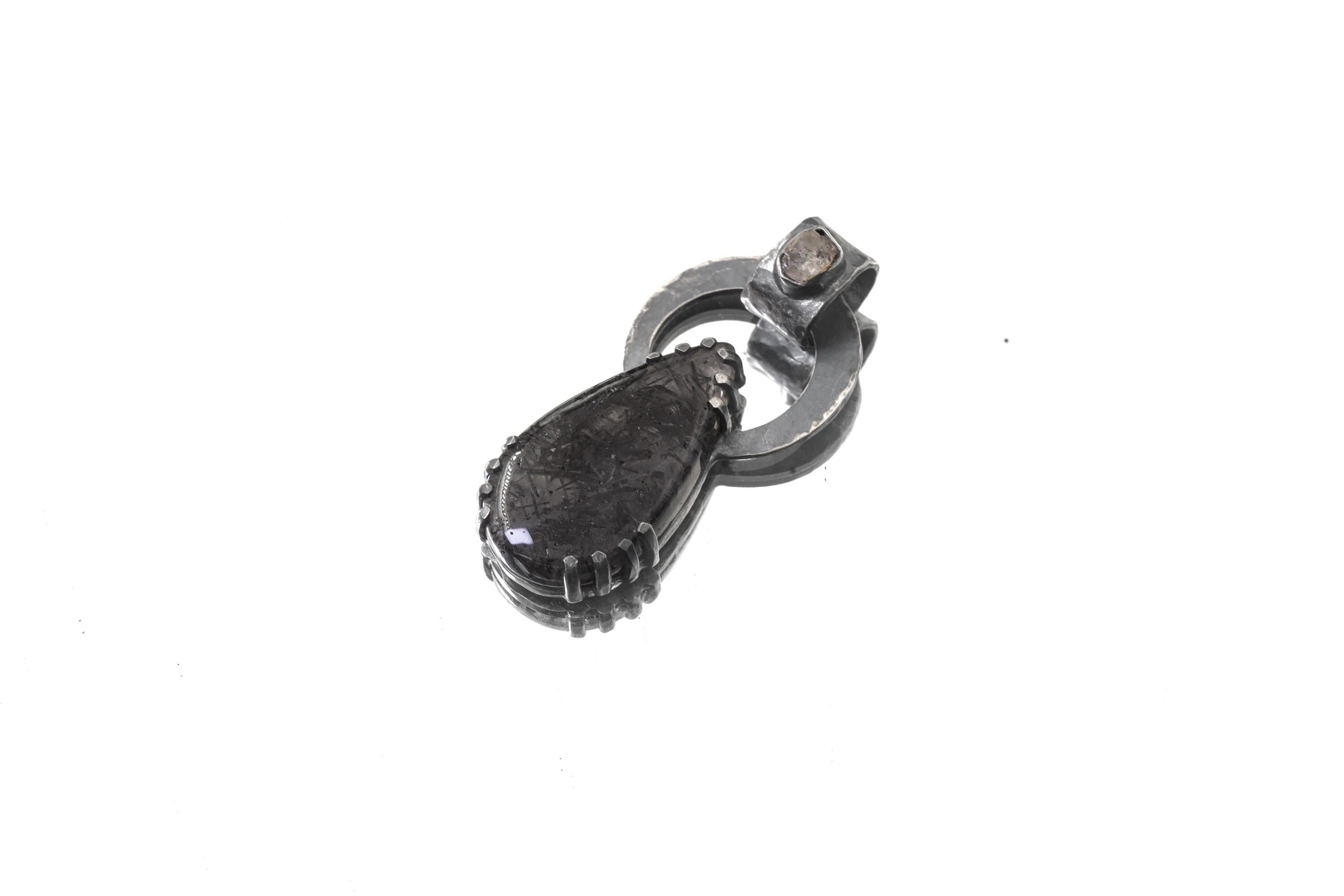 Raw Moonstone Black Rutile Pendant 925 Sterling Silver Oxidized Necklace Third Eye Crown Chakra Gift