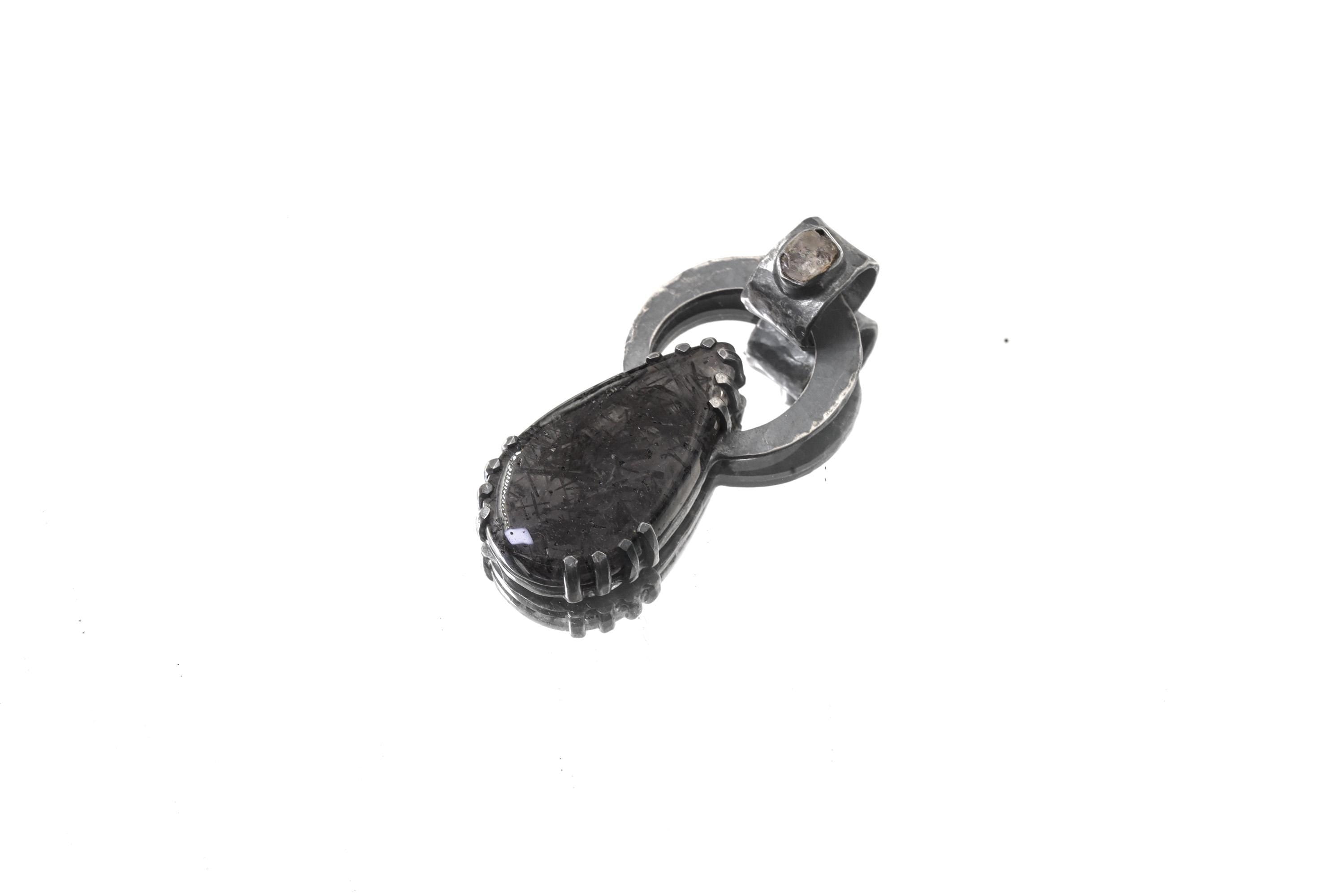 Raw Moonstone Black Rutile Pendant 925 Sterling Silver Oxidized Necklace Third Eye Crown Chakra Gift