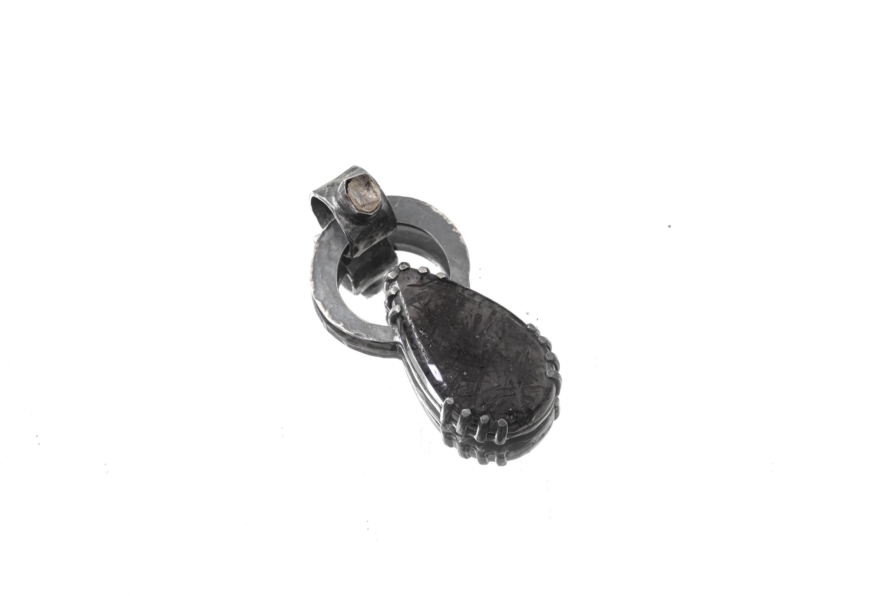 Raw Moonstone Black Rutile Pendant 925 Sterling Silver Oxidized Necklace Third Eye Crown Chakra Gift