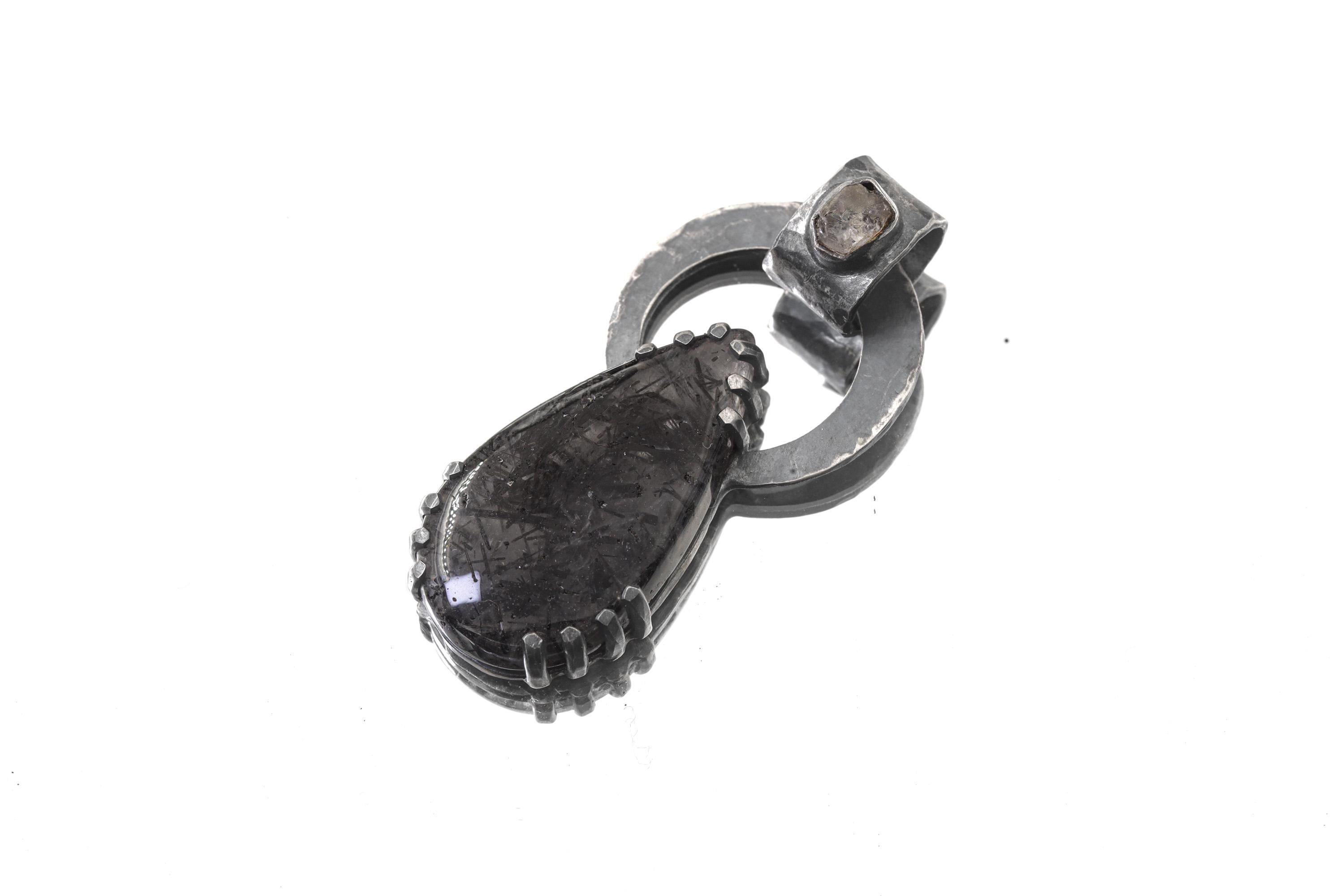 Raw Moonstone Black Rutile Pendant 925 Sterling Silver Oxidized Necklace Third Eye Crown Chakra Gift