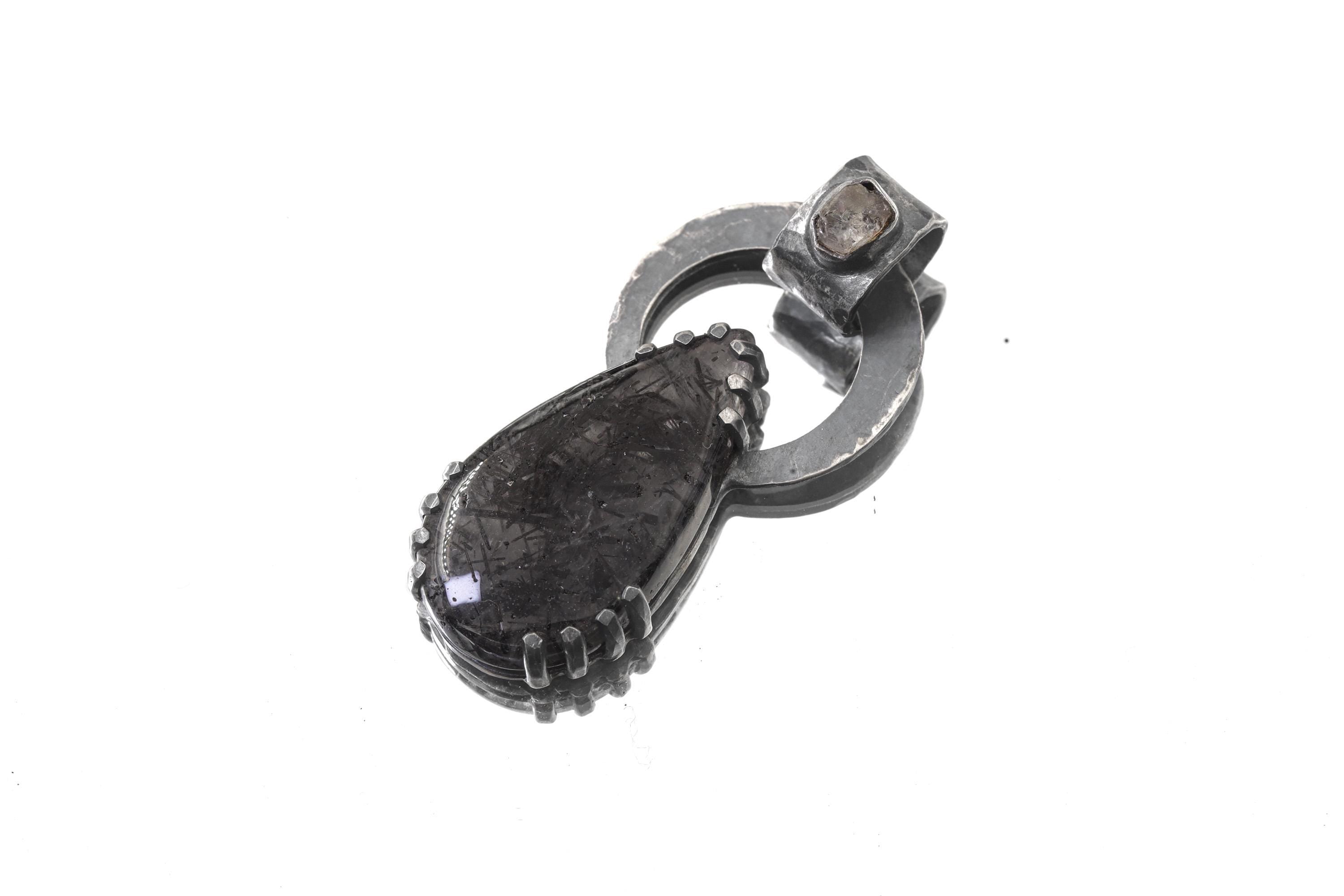 Raw Moonstone Black Rutile Pendant 925 Sterling Silver Oxidized Necklace Third Eye Crown Chakra Gift