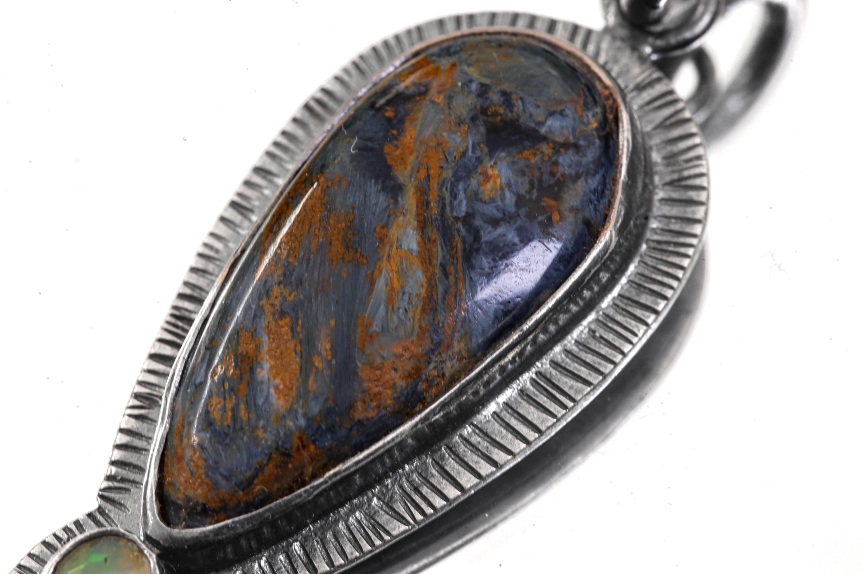 Pietersite & Ethiopian Opal Pendant: Oxidized Sterling Silver Sun Ray Design