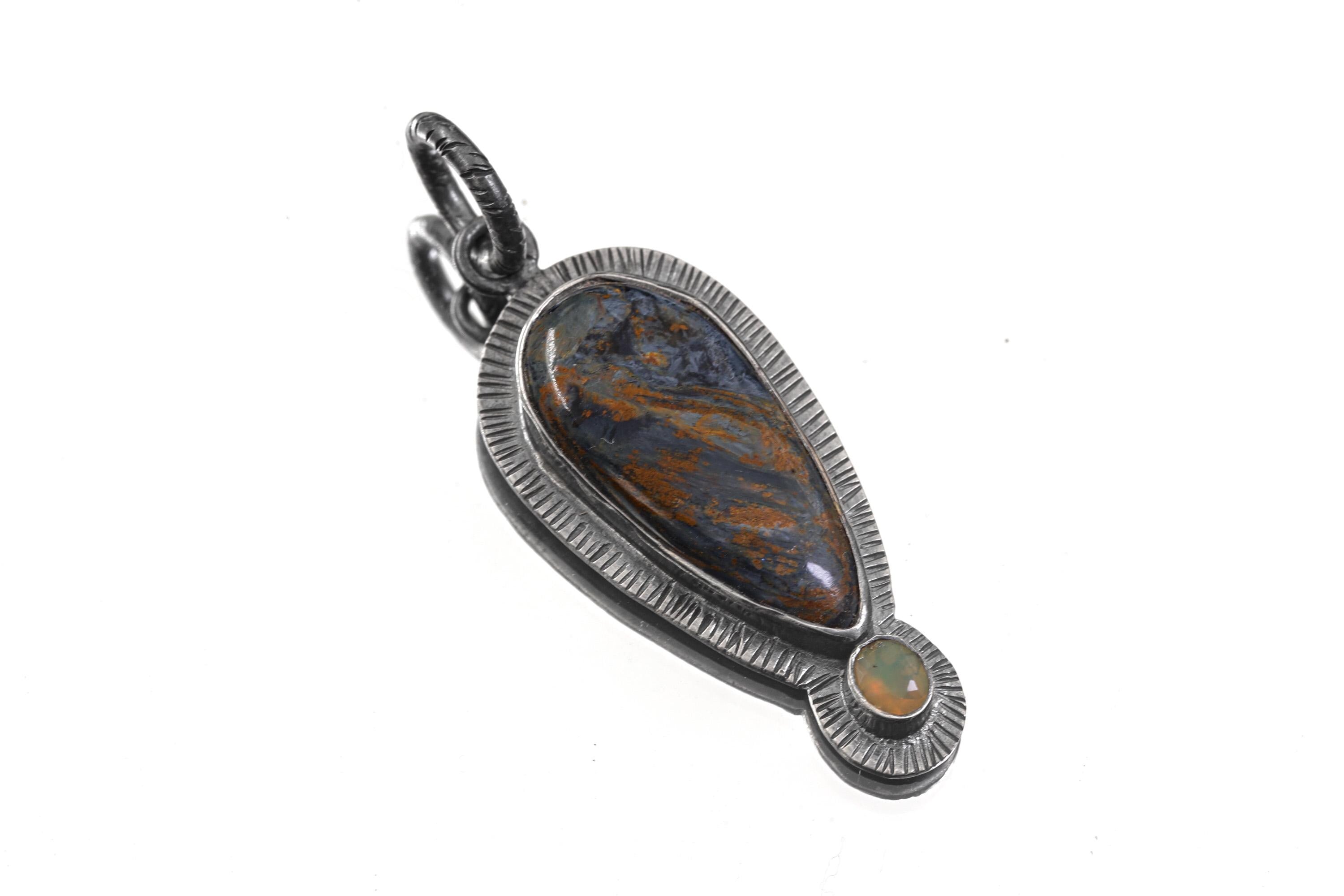 Pietersite & Ethiopian Opal Pendant: Oxidized Sterling Silver Sun Ray Design