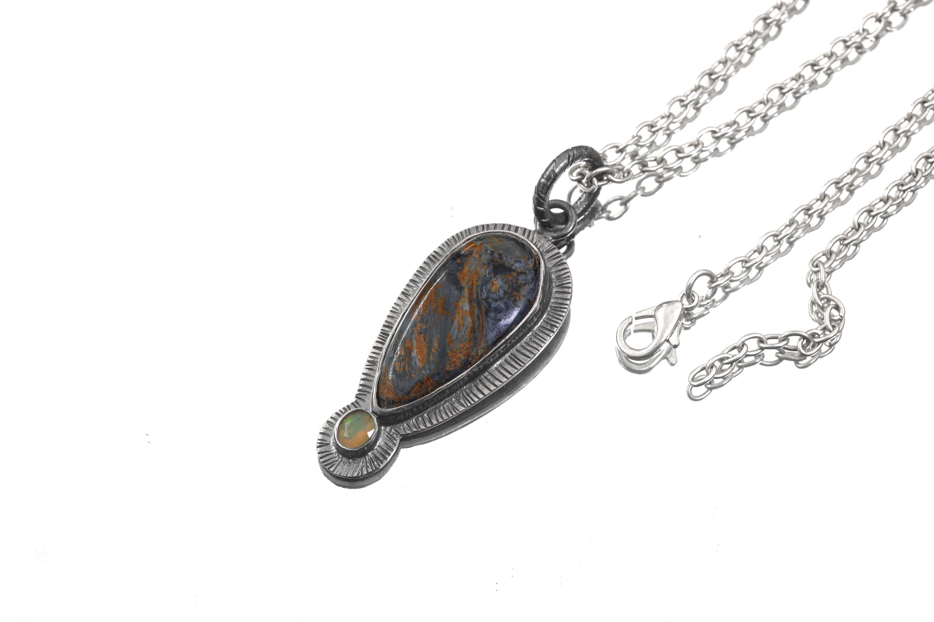 Pietersite & Ethiopian Opal Pendant: Oxidized Sterling Silver Sun Ray Design