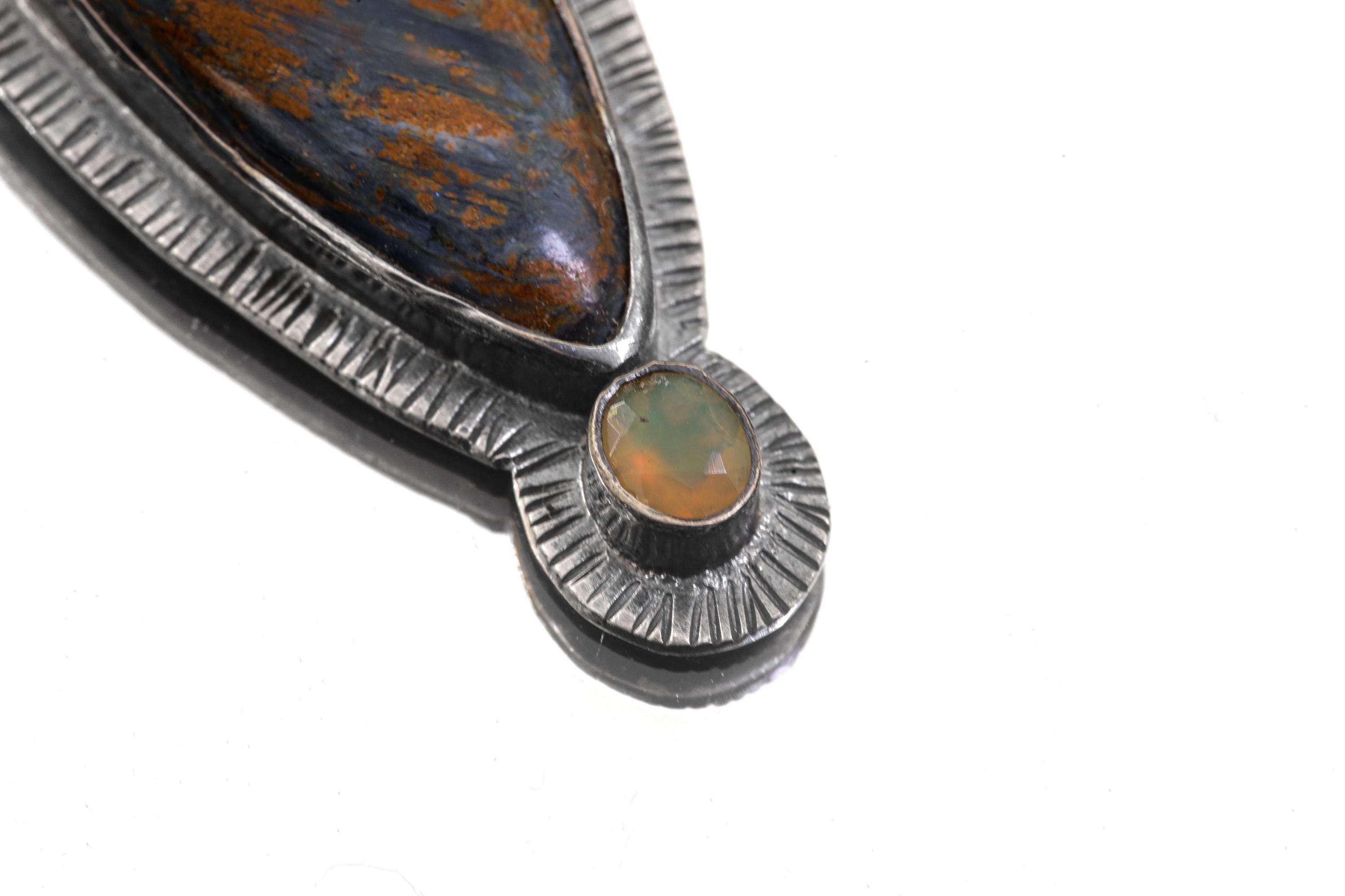 Pietersite & Ethiopian Opal Pendant: Oxidized Sterling Silver Sun Ray Design