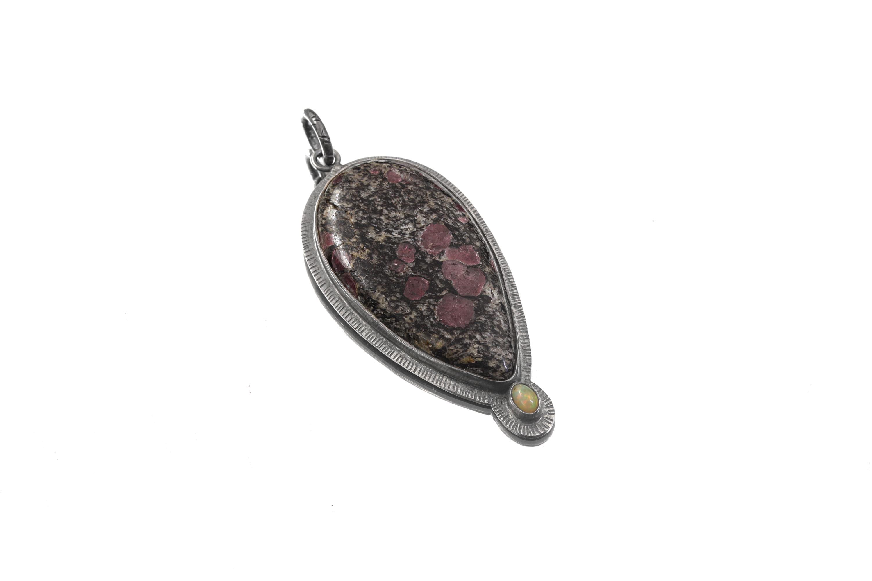 Oxidized Sterling Silver Pendant: Balsa Ruby, Ethiopian Opal Sun Ray Design