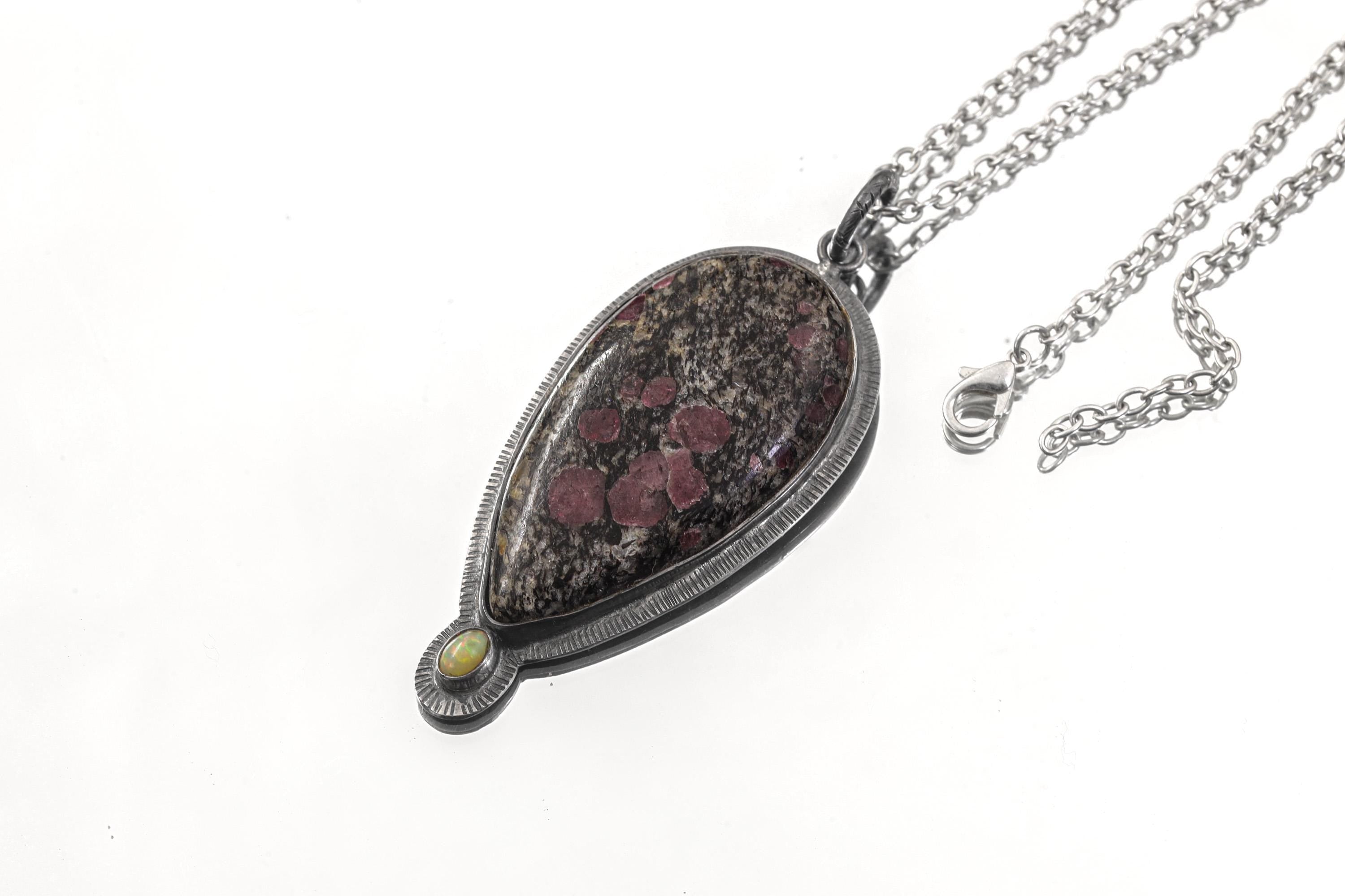 Oxidized Sterling Silver Pendant: Balsa Ruby, Ethiopian Opal Sun Ray Design