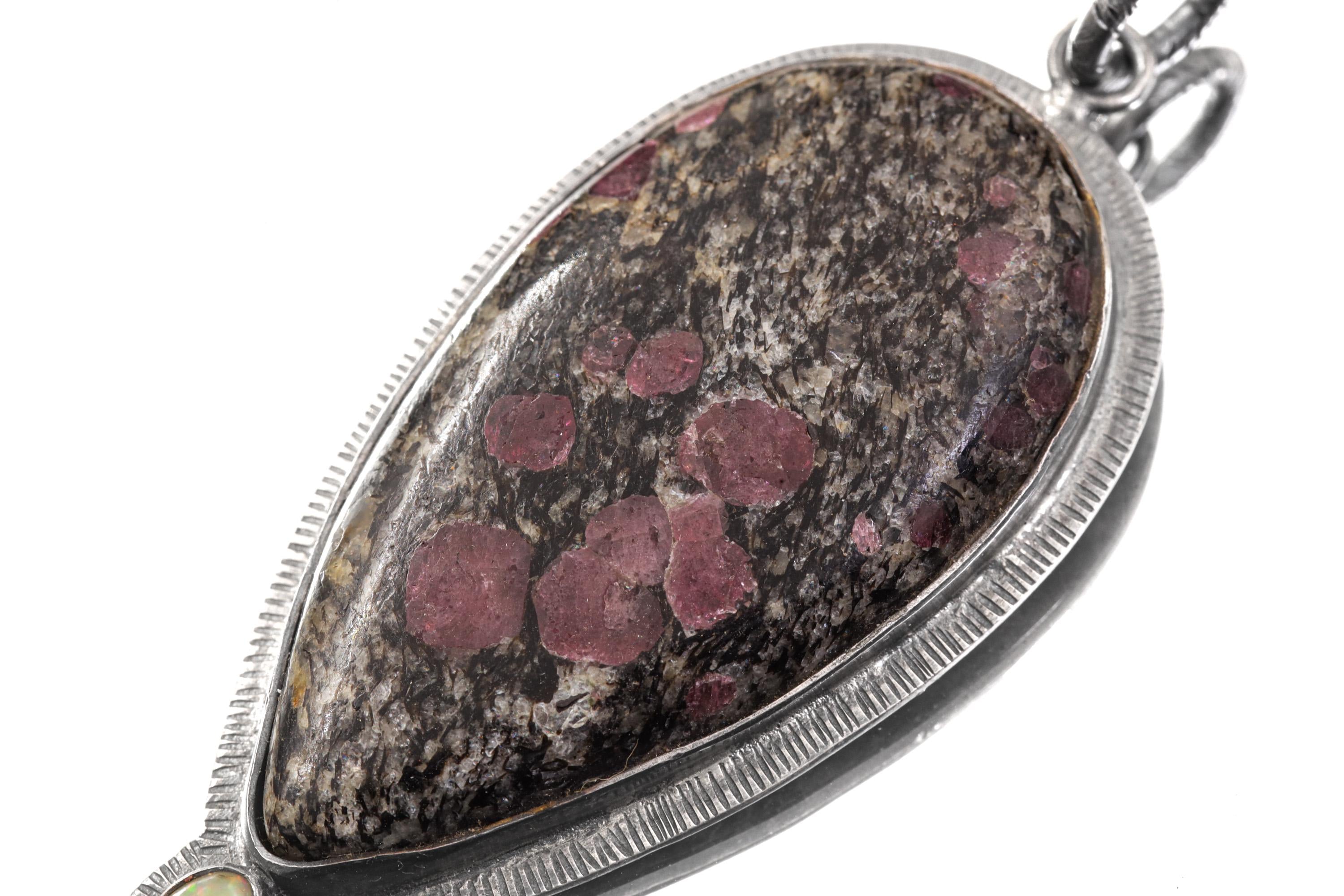 Oxidized Sterling Silver Pendant: Balsa Ruby, Ethiopian Opal Sun Ray Design