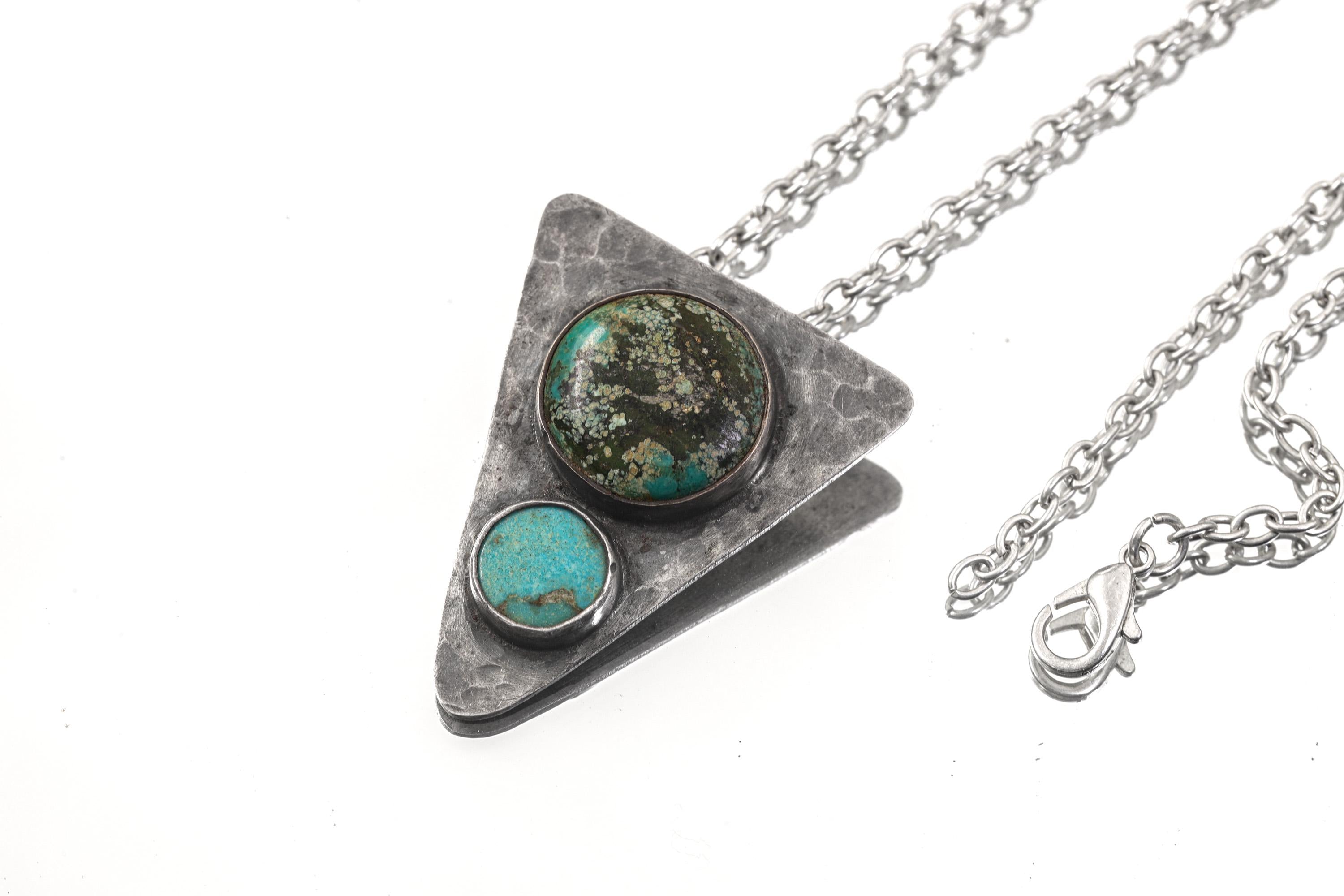Hammered Turquoise Triangle Pendant: Oxidized Sterling Silver, Calming Chakra