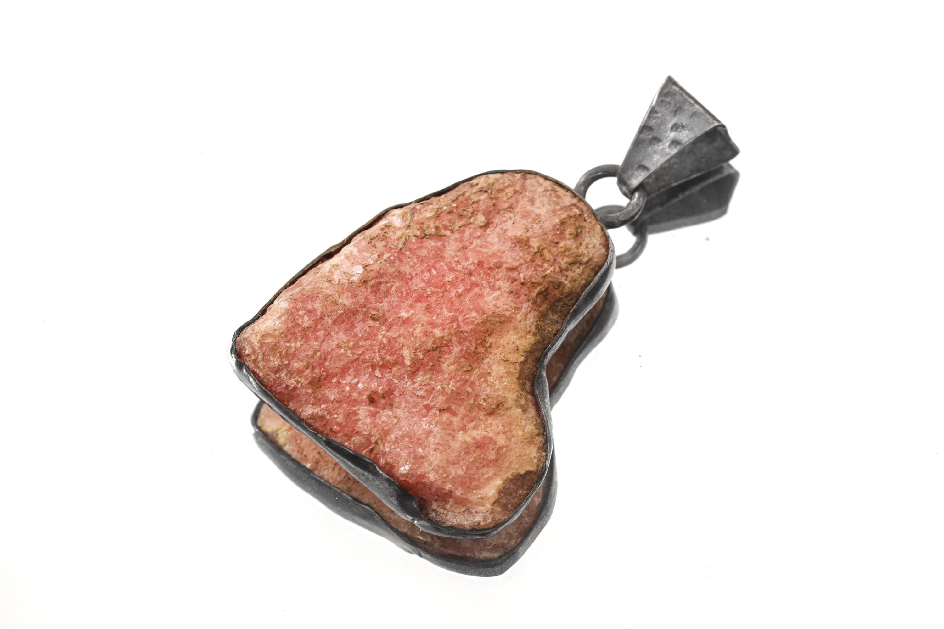 Raw Large gemmy Chunk of Rhodochrosite - Textured & Oxedised - 925 Silver Setting - Crystal Pendant Neckpiece