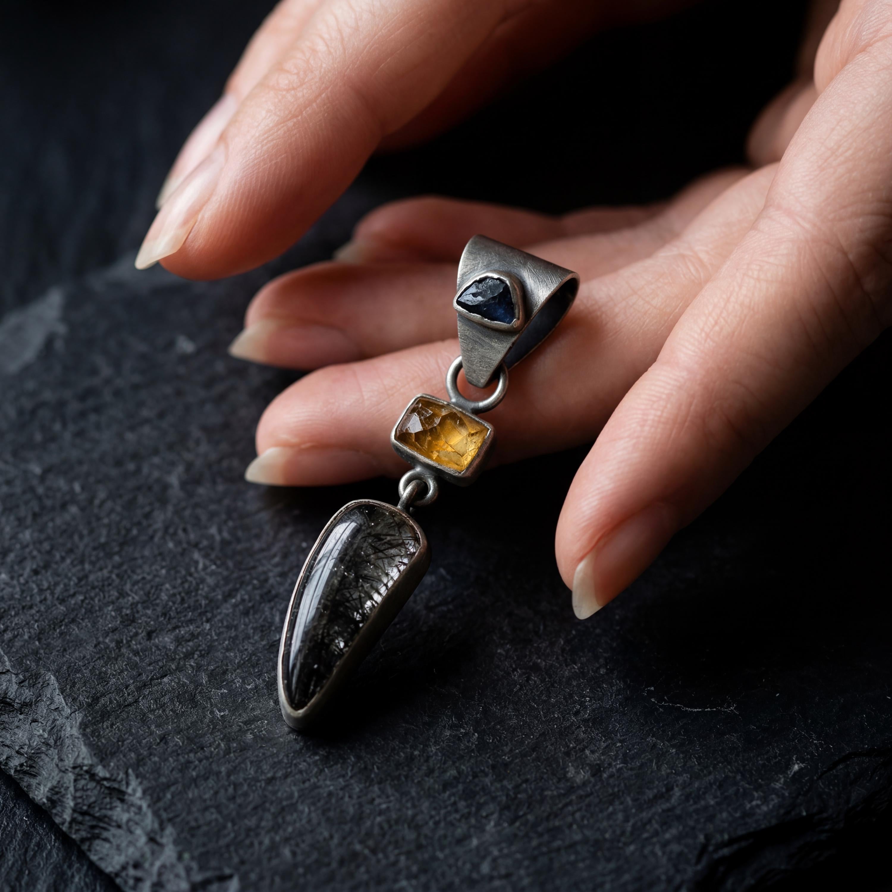 Oxidized Sterling Silver Pendant: Sapphire, Amber, Black Rutile Gemstones